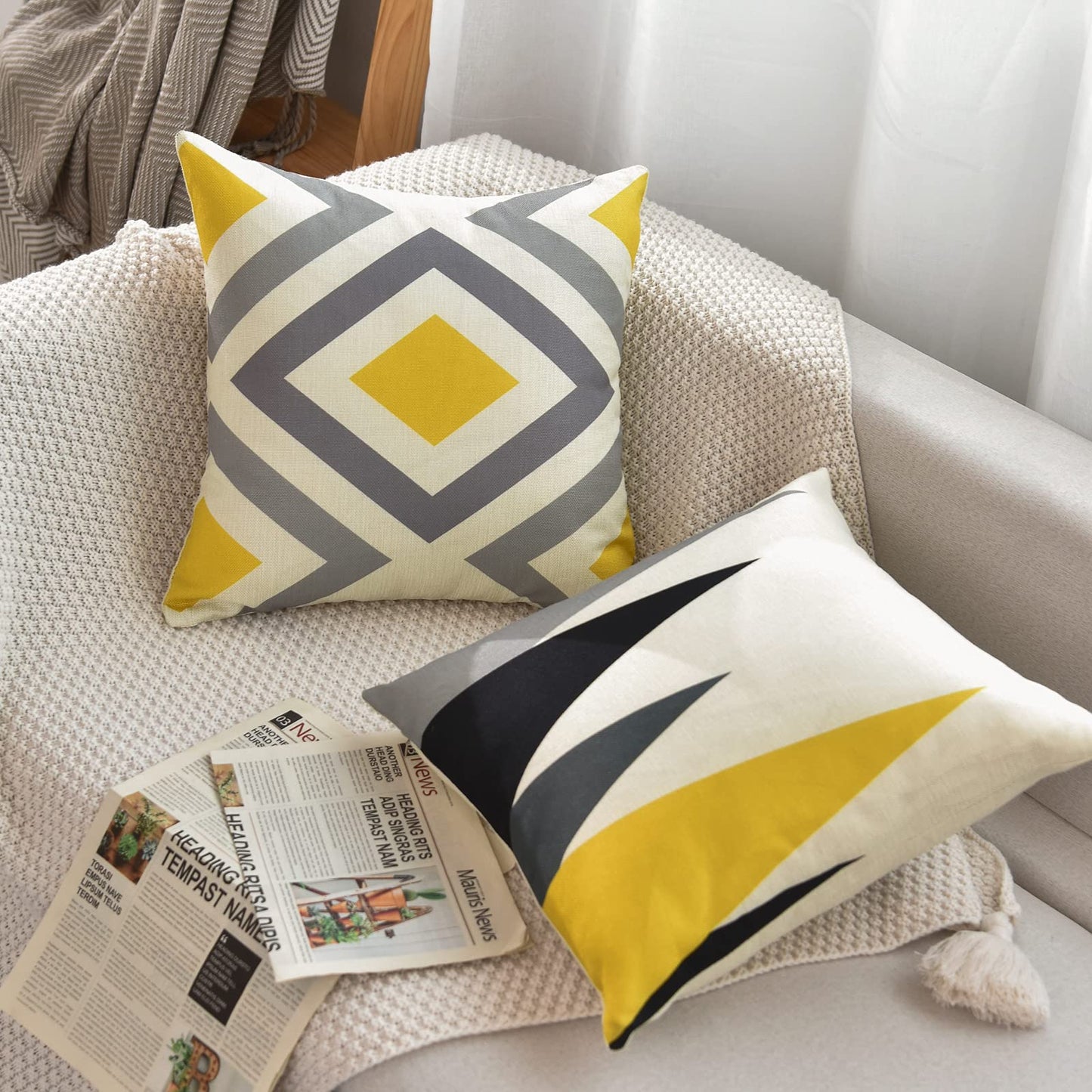 Tosewever Set of 4 Decorative Geometric Yellow Grey 18 x 18 Inches Throw Pillow Covers - Modern Pattern Linen Square Pillow Cushion Case for Sofa Couch Bed Home Decor Outdoor (18" x 18", Yellow/Gray)