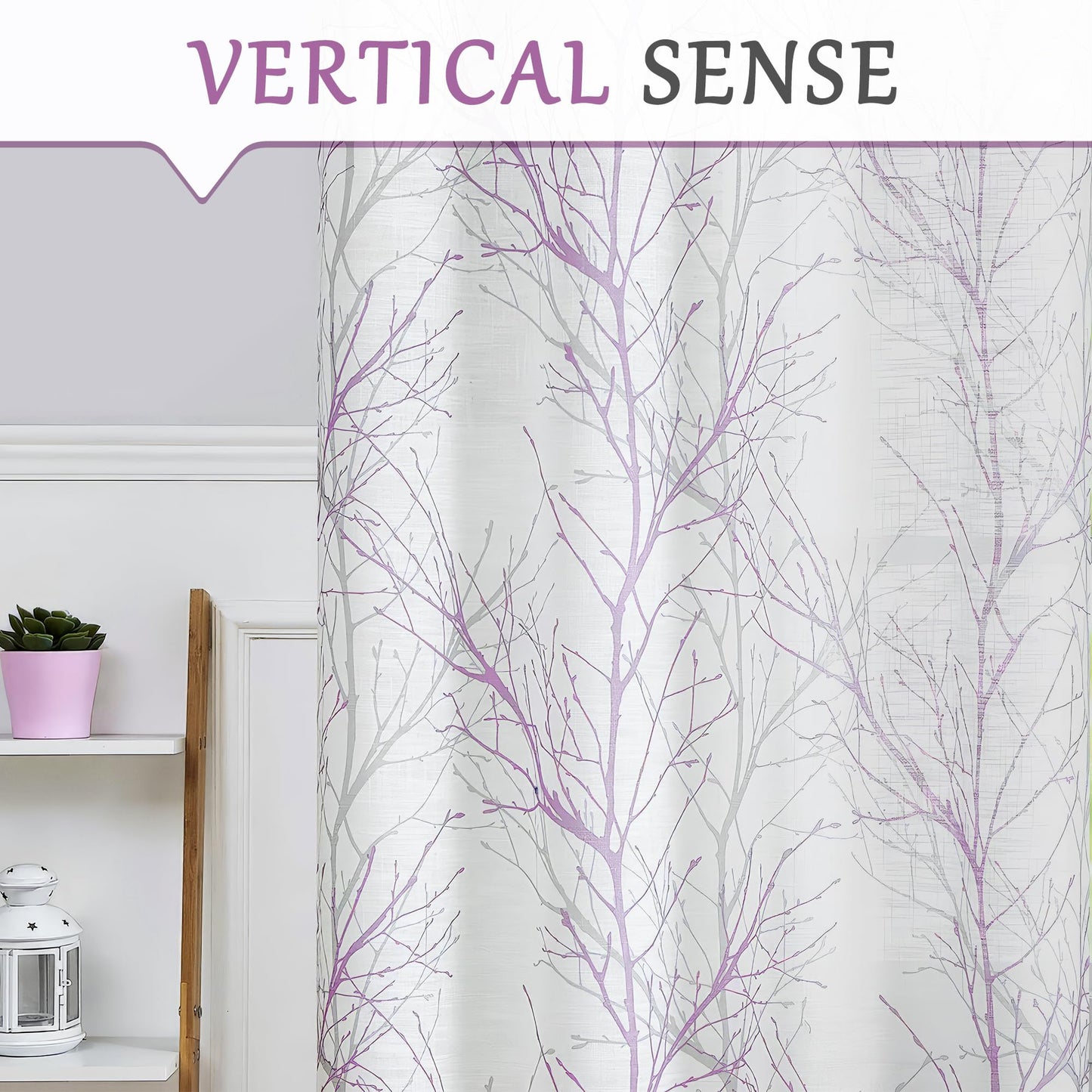 FMFUNCTEX Linen Semi Sheer Curtains for Bedroom, Lilac White Curtains 84 Inches Long for Living Room, Grey Tree Branch Patterned Curtain Light Filtering Farmhouse Window Drapes, Grommet Top 2 Panels