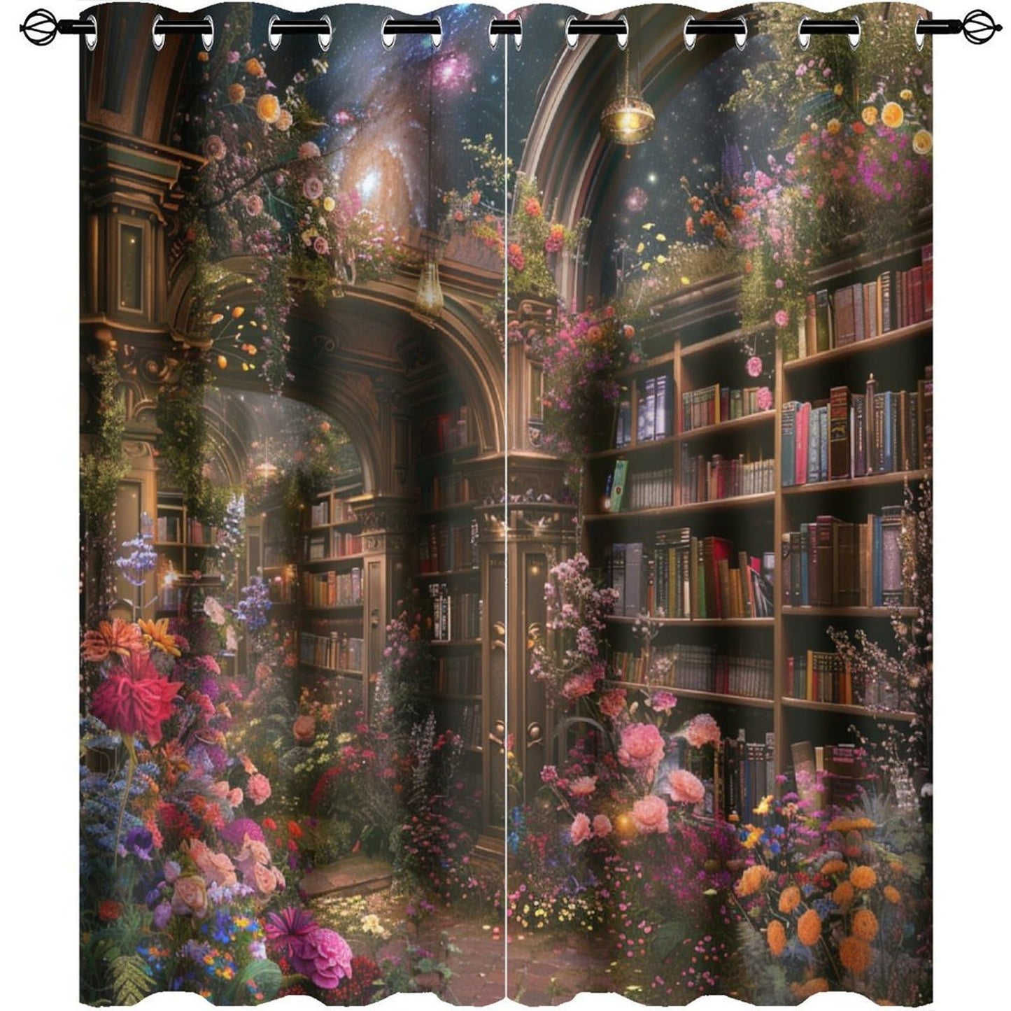 HDESDIS Floral Bookshelf Blackout Curtains for Bedroom Living Room, Colorful Star Galaxy Library Thermal Insulated Curtains Window Drapes with Grommet, 21W x 45L, 2 Panels