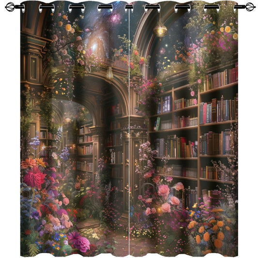 HDESDIS Floral Bookshelf Blackout Curtains for Bedroom Living Room, Colorful Star Galaxy Library Thermal Insulated Curtains Window Drapes with Grommet, 21W x 45L, 2 Panels