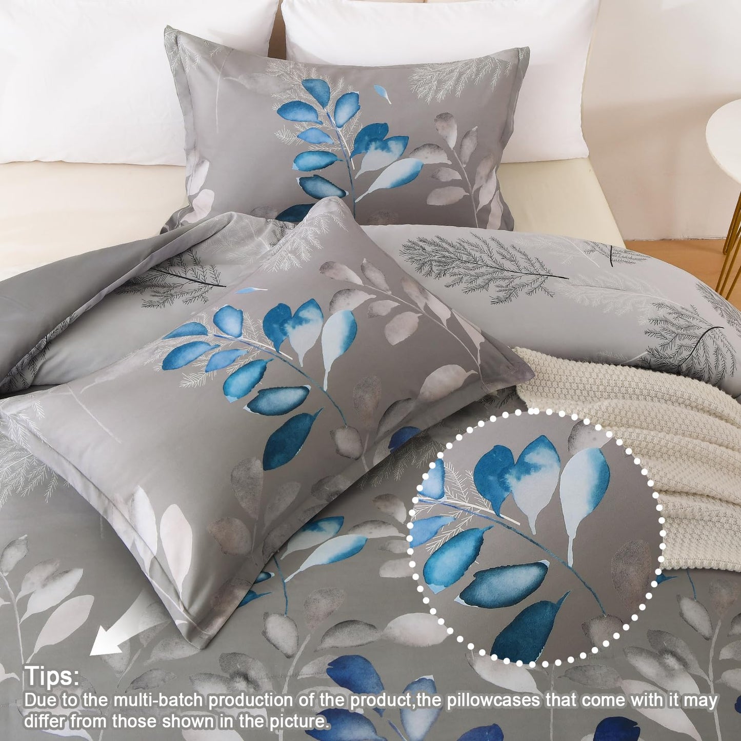 DJY King Size Comforter Set, Dark Grey Botanical Leaves Comforter Set King, 3 Pieces Reversible Blue Floral Bed Comforter Sets Soft Microfiber Bedding Comforter Set for All Season (90"x104")