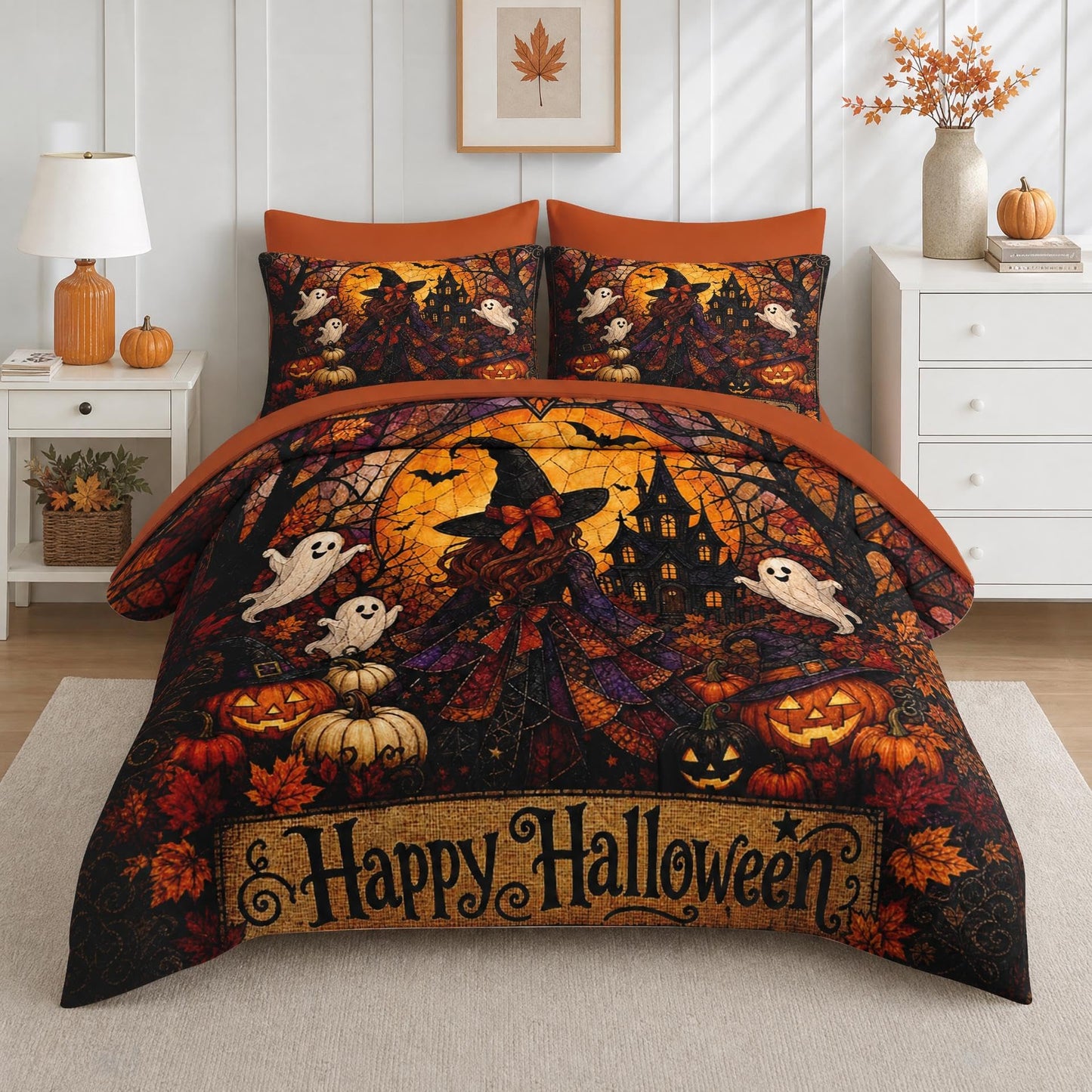 Boewywh Comforter Set Twin Size Halloween Witch Ghost 7 Pcs, Bedding for Kids and Adults, Bed Sheet Sets with Fitted Sheet 2 Pillowcases & 2 Shams for Bedroom Bed Decor