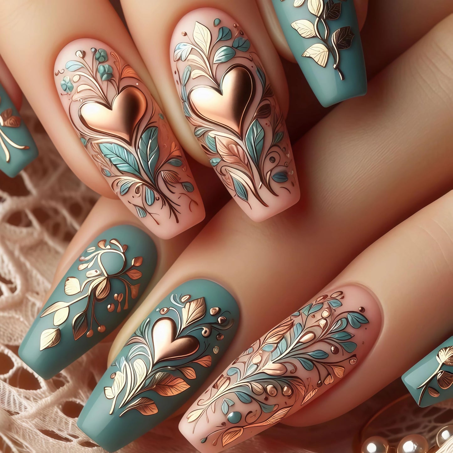 MERVF Coffin Press on Nails Long, Green Gold Fake Nails 3D Heart Leaf Glue ons Glitter Luxury Design Acrylic Nail Glossy 24pcs
