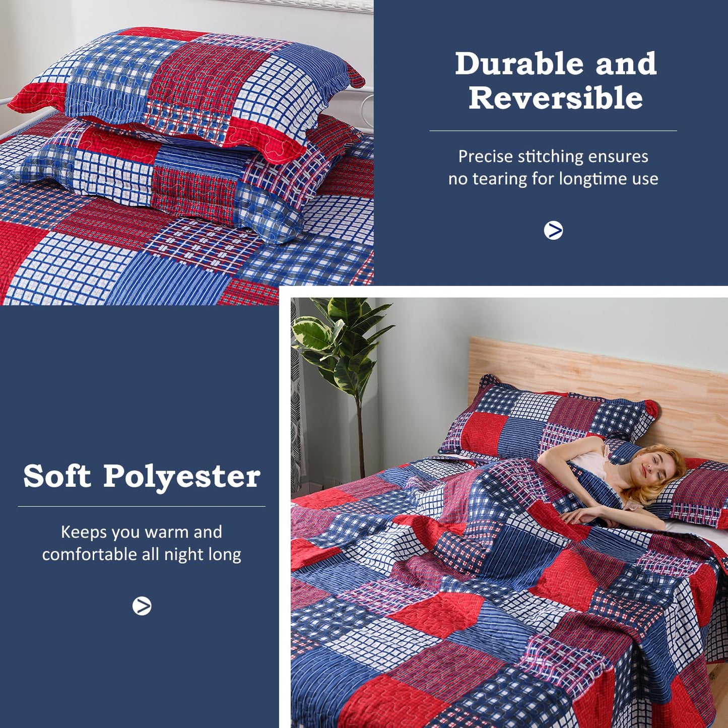 Jessy Home Plaid Quilt Set King Bedspread Coverlet Set Red Blue White Patchwork King Size Quilt Set Bedding Soft Lightweight Quilts Coverlet Country Reversible Quilt Bed Spread with 2 Pillow Shams