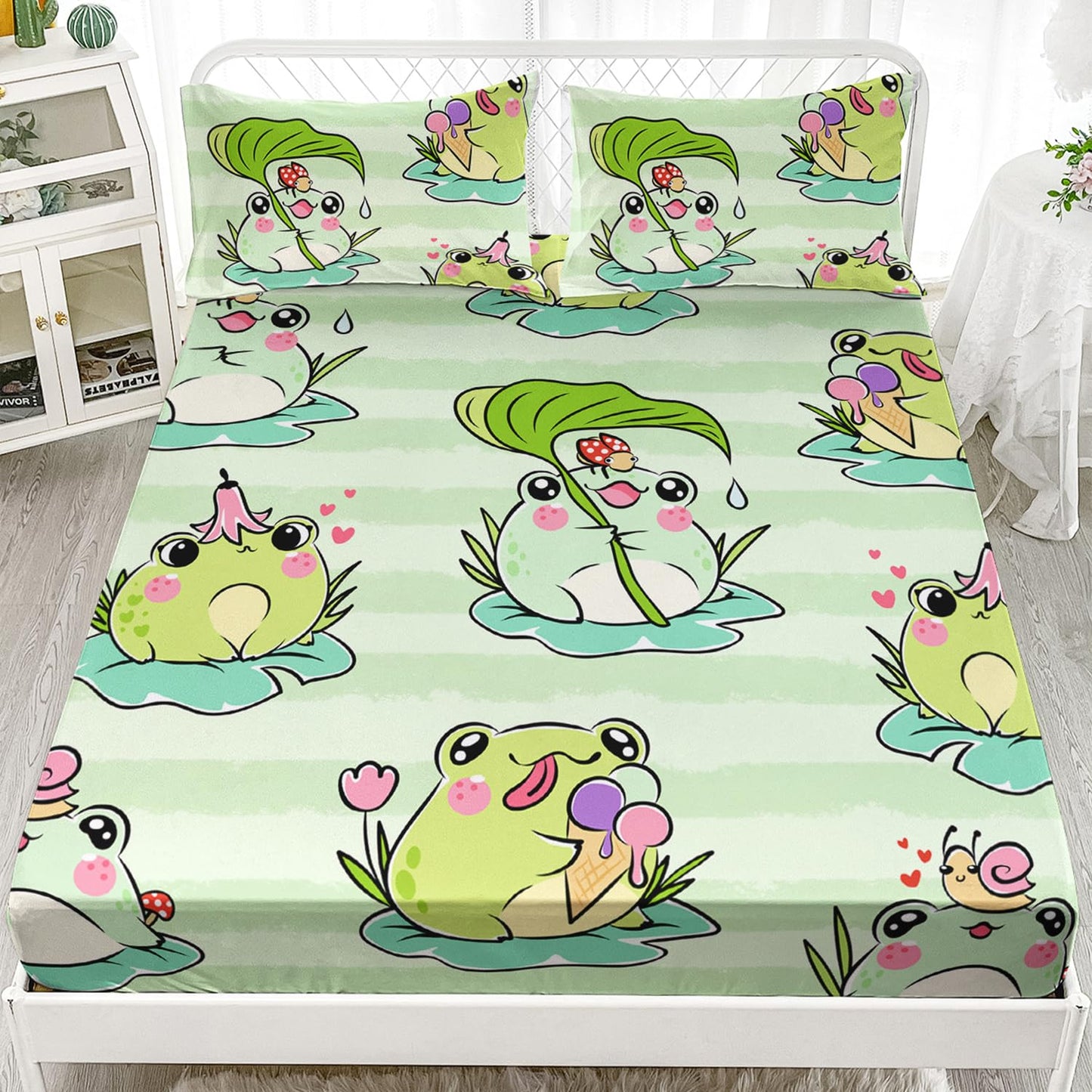 AILONEN Cartoon Frog Fitted Sheet Set - Twin Size, Animal Frog Bed Sheet Set, Boys Girls Sheet Set, Green Stripe Sheet Set - 1 Fitted Sheet and 2 Pillowcases
