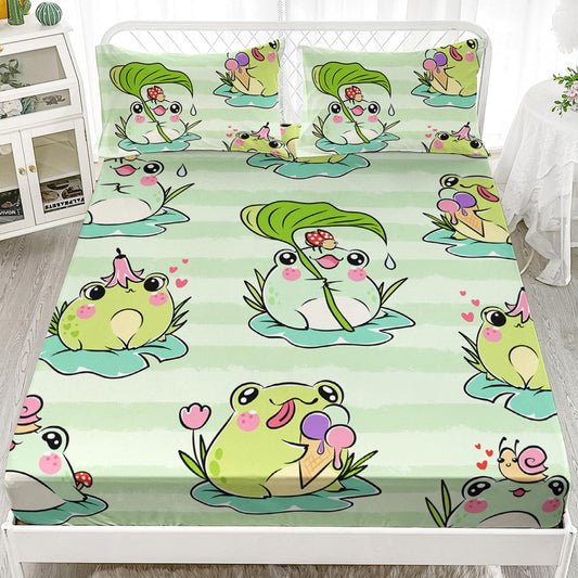 AILONEN Cartoon Frog Fitted Sheet Set - Twin Size, Animal Frog Bed Sheet Set, Boys Girls Sheet Set, Green Stripe Sheet Set - 1 Fitted Sheet and 2 Pillowcases