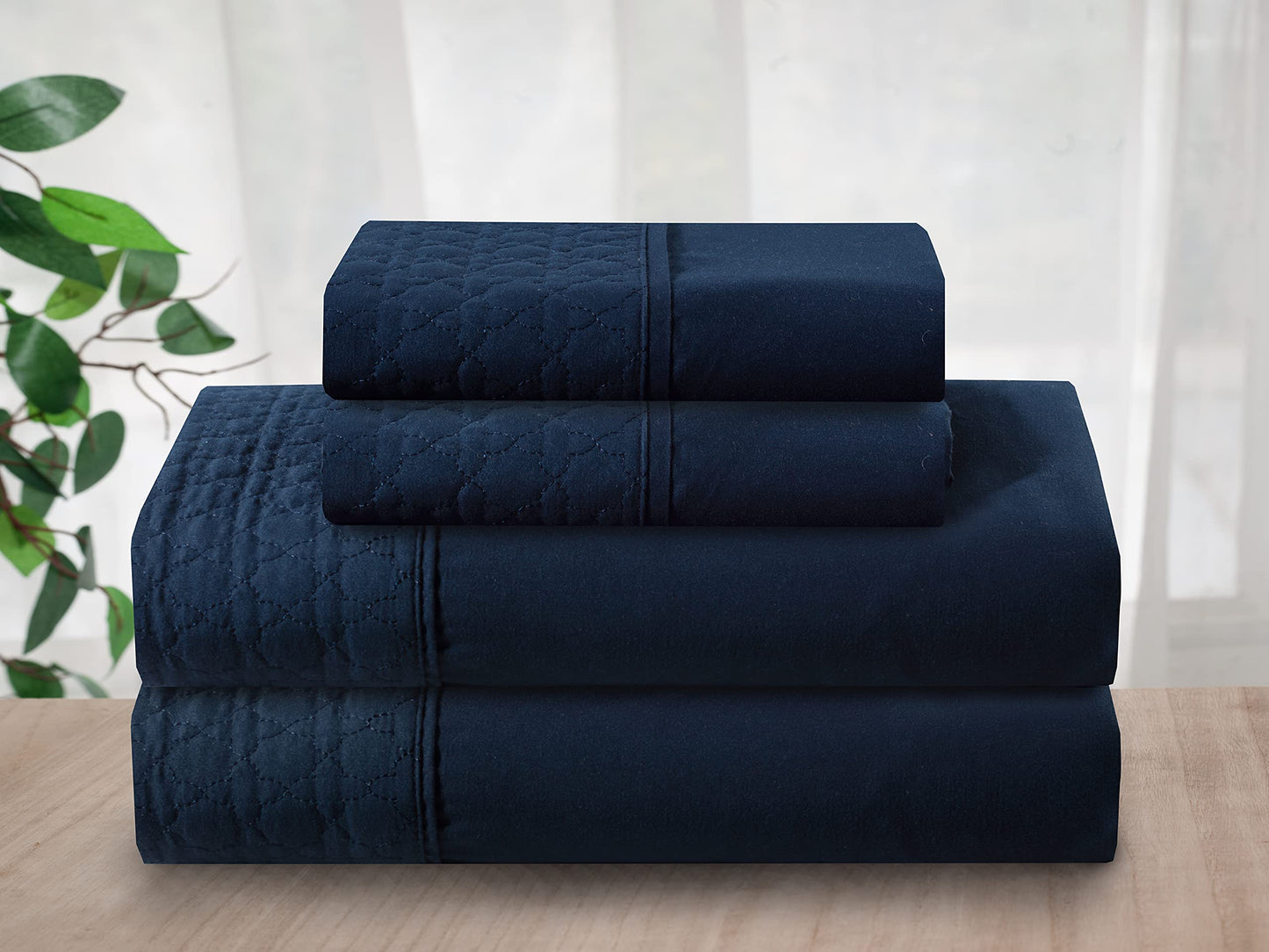 Elegant Comfort Luxury Soft Coziest 4-Piece Bed Sheet Set 1500 Thread Count Egyptian Quality Wrinkle Resistant Beautiful Quilted Design on Flat Sheet and Pillowcases King, Navy