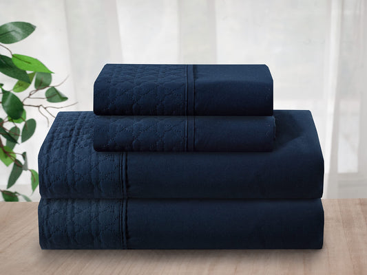 Elegant Comfort Luxury Soft Coziest 4-Piece Bed Sheet Set 1500 Thread Count Egyptian Quality Wrinkle Resistant Beautiful Quilted Design on Flat Sheet and Pillowcases King, Navy