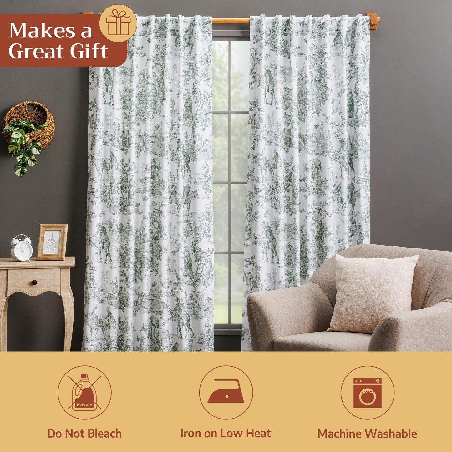 Maison d' Hermine Curtains for Living Room 100% Cotton 96 inch Length One Panel Light Filtering Toile Curtains with Rod and Loop Pockets (The Miller Antique Green (White Background), 50" W x 96" L)