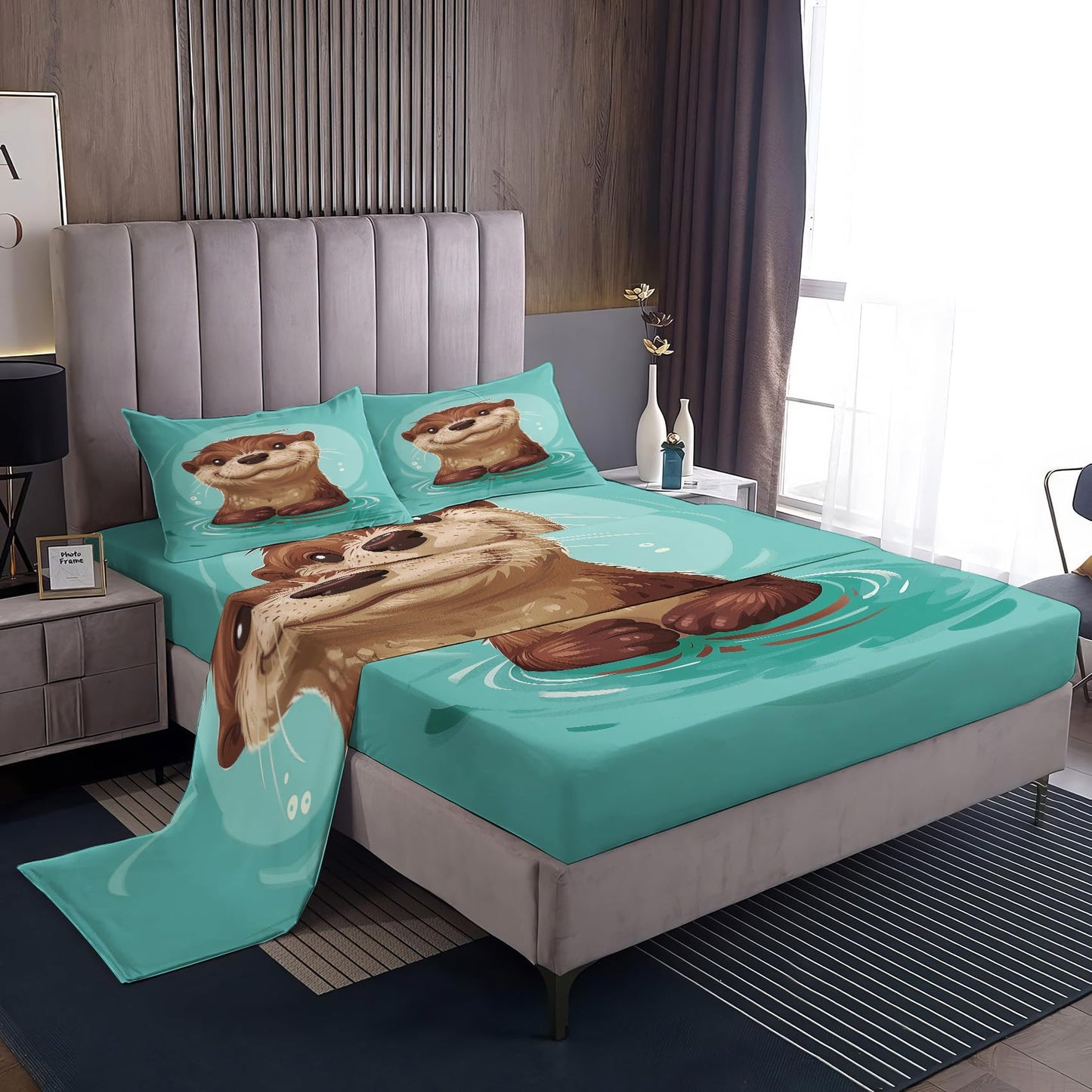 Rejkxyw King Size Sheets Set Cute Otter - Cartoon Animal Bed Sheets - Kids Boys Girls Sheet Set - 12 Inch Deep Pocket - Ultra Soft Winkle Free Microfiber Bedding Sheets & Pillowcases 4 Piece