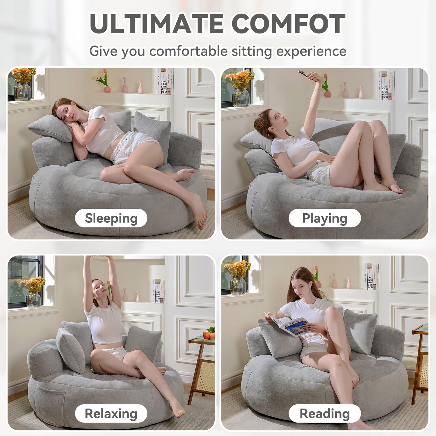 Lyon Sence Bean Bag Chair, Big Beanbag Chairs with 3 Pillows, Oversized Bean Bag Chair for Living Room, Large Beanbag Chairs for Teens Adults (Faux Fur in Light Gray, 52" D×52" W×21.2" H)