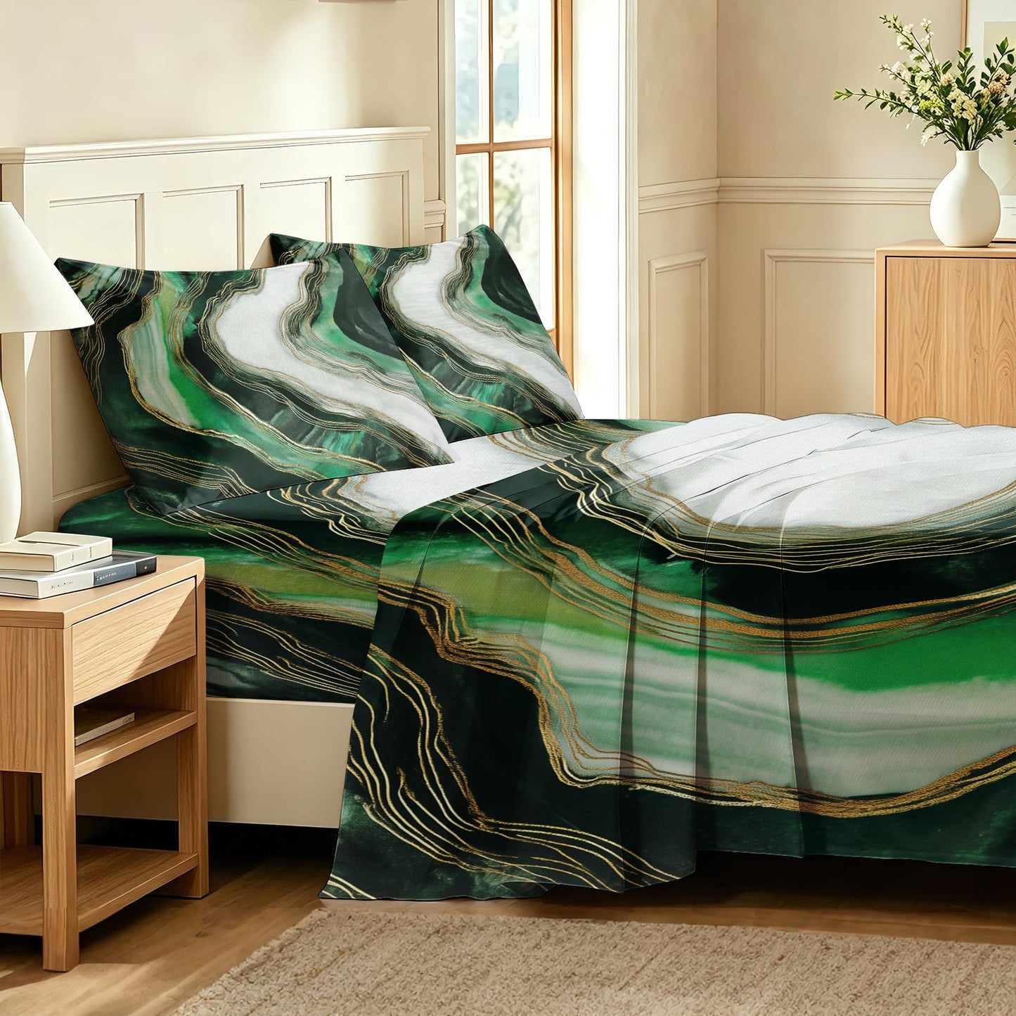 Marble Full Sheet Set 4 Pcs Modern Green Bed Sheets, Dark Green