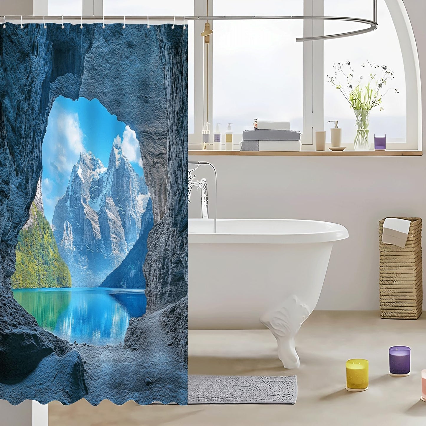 ZROLUW Snow Mountain Lake Shower Curtain Waterproof Soft Polyester Fabric 72" W x 84" L Rock Cave Nature Landscape Shower Curtains with Grommets Bathroom Accessories Decor