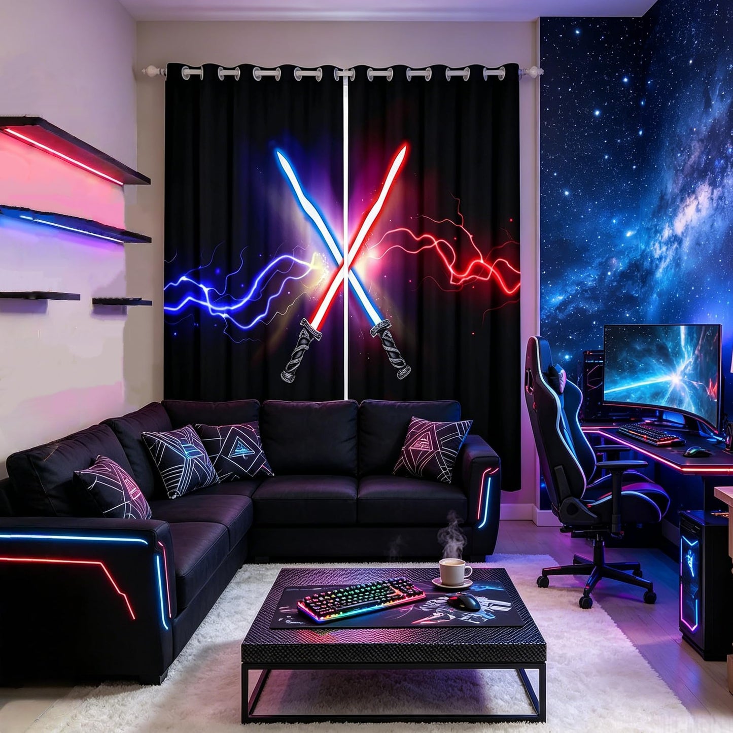 Castle Fairy Lightsaber Window Drapes,Blue Red Neon Lightning Sparkling Home Decor Curtains,Boys Games Starry Galaxy Black Durable Blackout Curtains for Kids Gifts,2 Panels, 38Wx54L inch