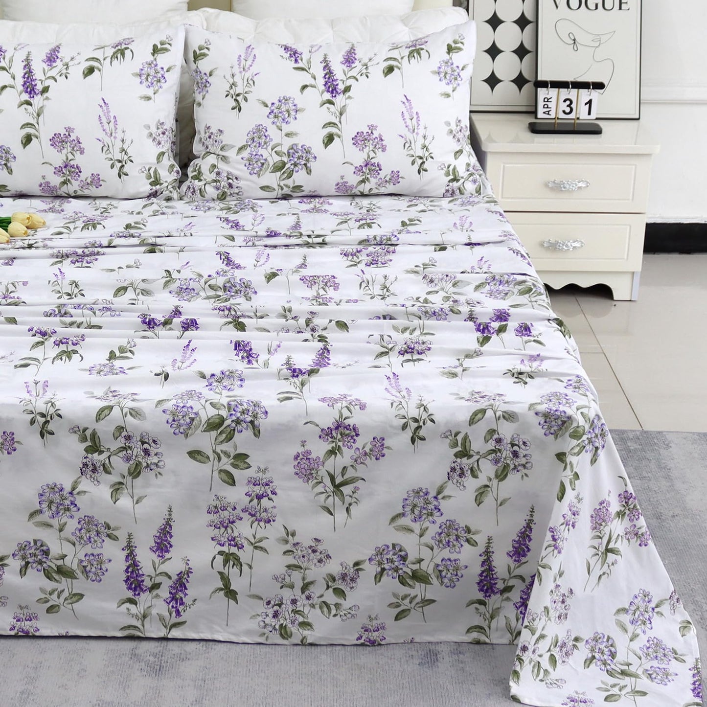 Helthep Floral Sheet Set King Size 100% Cotton Purple Floral Pattern Sheets Botanical Shabby Printed Bed Sheets Set Luxury Percale Warm 17.5" Deep Pocket Ultra Soft and Beathable, 4Pcs