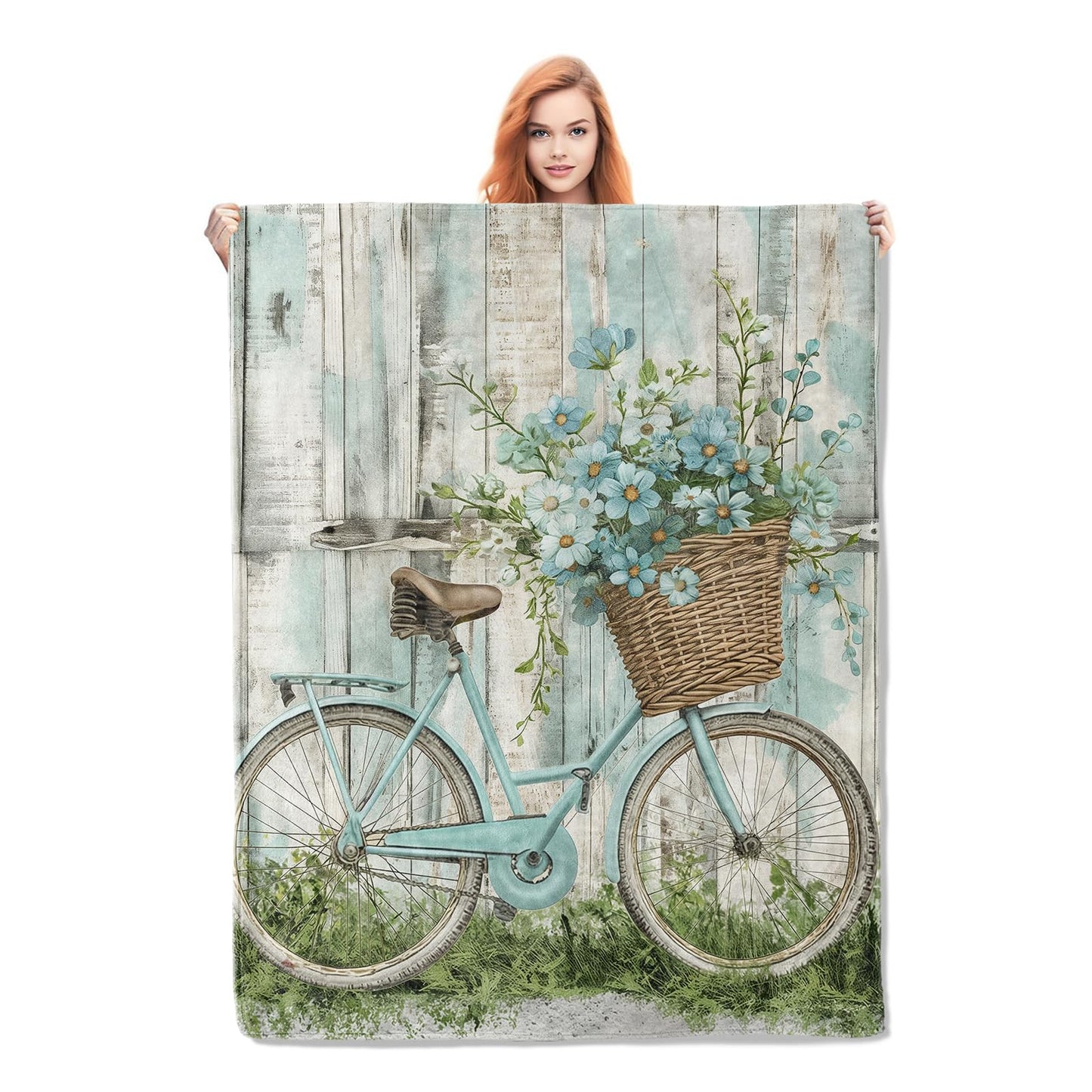 Blue Retro Bike Blanket Gifts for Women Girls Soft Warm Lightweight Cozy Plush Art Farmhouse Flower Basket Throw Blankets for Bedroom Living Room Sofa Home Decor 60"x50"