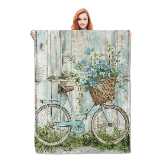 Blue Retro Bike Blanket Gifts for Women Girls Soft Warm Lightweight Cozy Plush Art Farmhouse Flower Basket Throw Blankets for Bedroom Living Room Sofa Home Decor 60"x50"