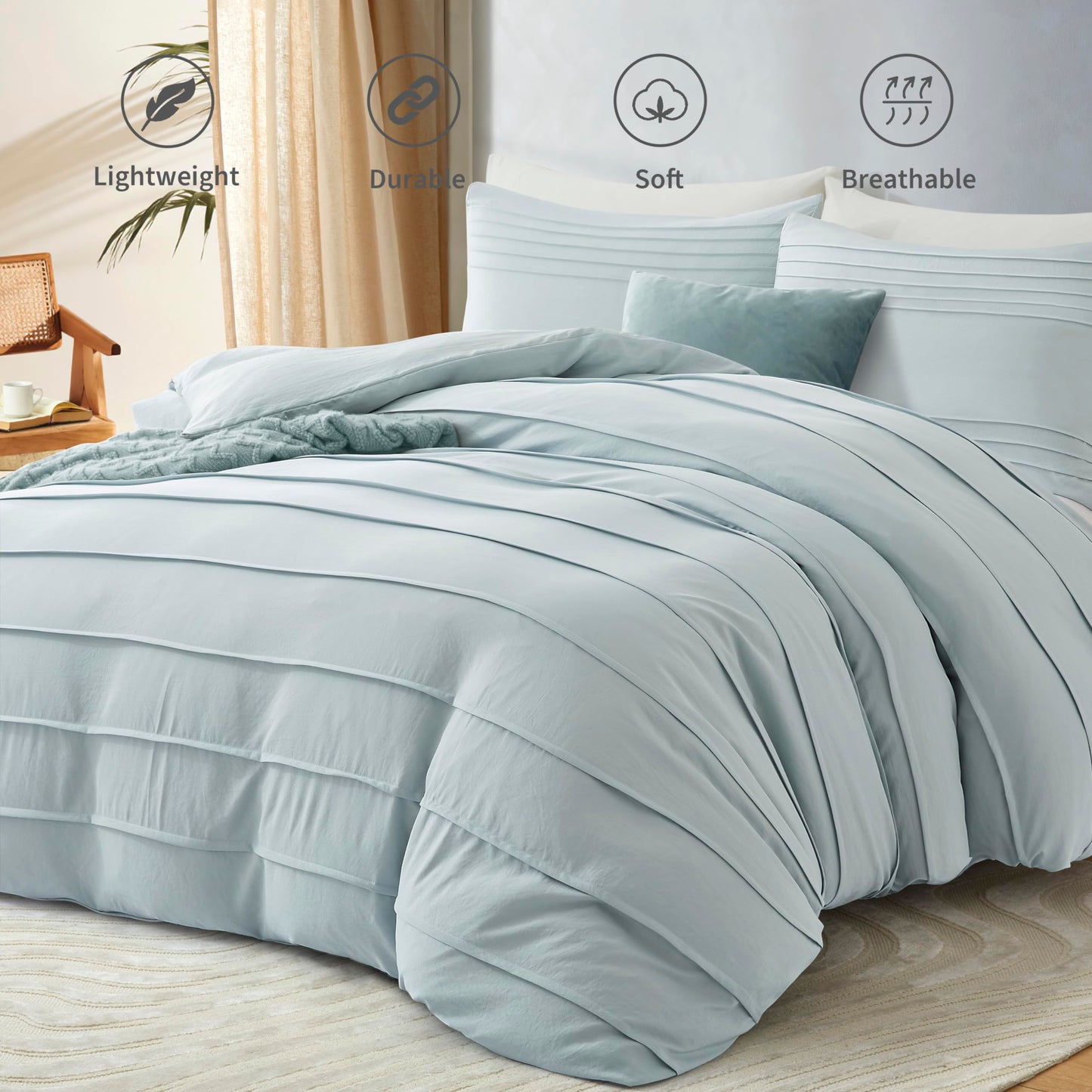 Oli Anderson Cornflower Blue Duvet Cover Queen Size - Pleated Queen Duvet Cover, 3PCS Soft and Breathable Textured Bedding Set with Zipper Closure(Cornflower Blue,90"x90")