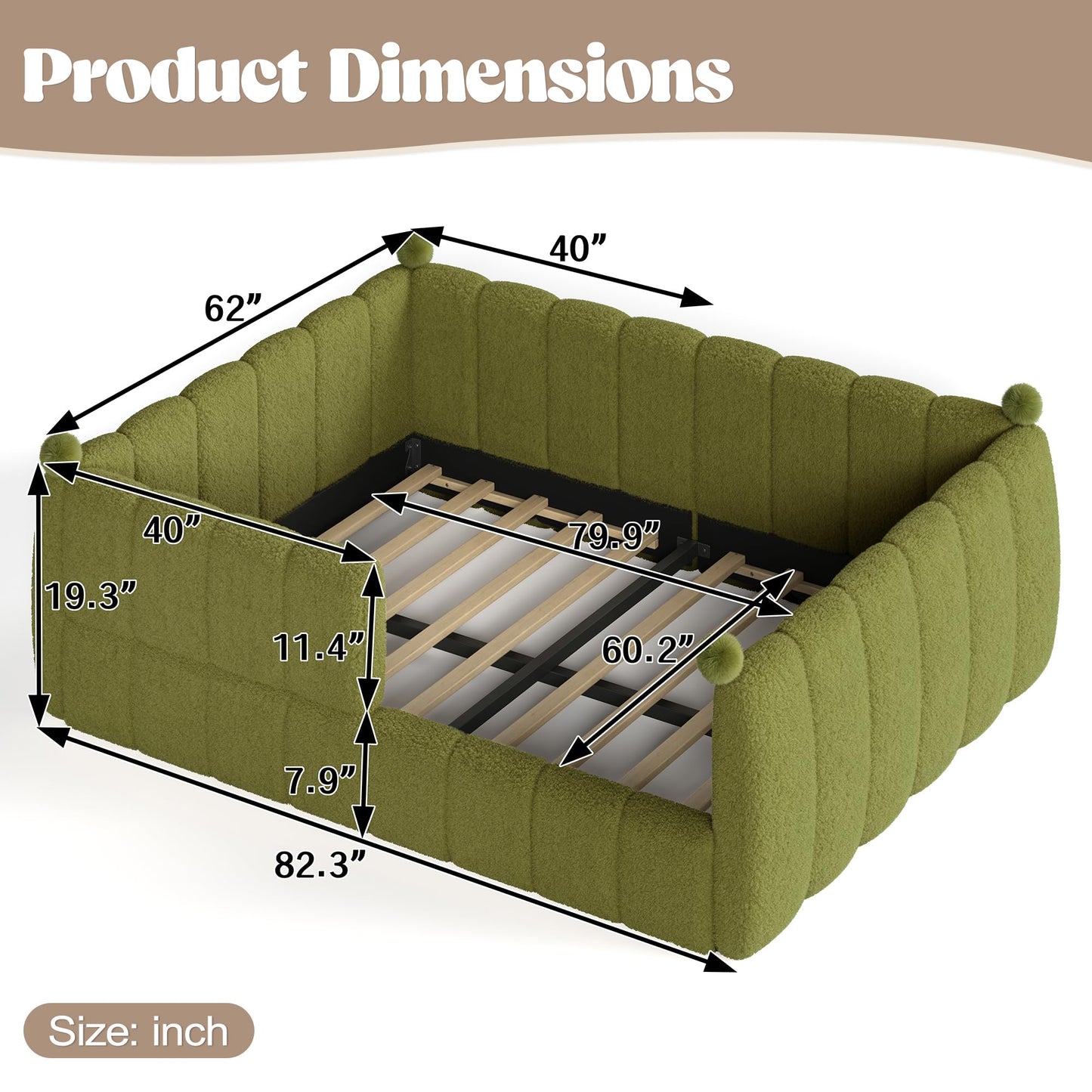 Bellemave Queen Size Teddy Fleece Upholstered Montessori Floor Bed with Fence,Low Profile Kids Bed Frame with Full Padded Safety Guardrails, No Box Spring Needed for Boys and Girls,Green