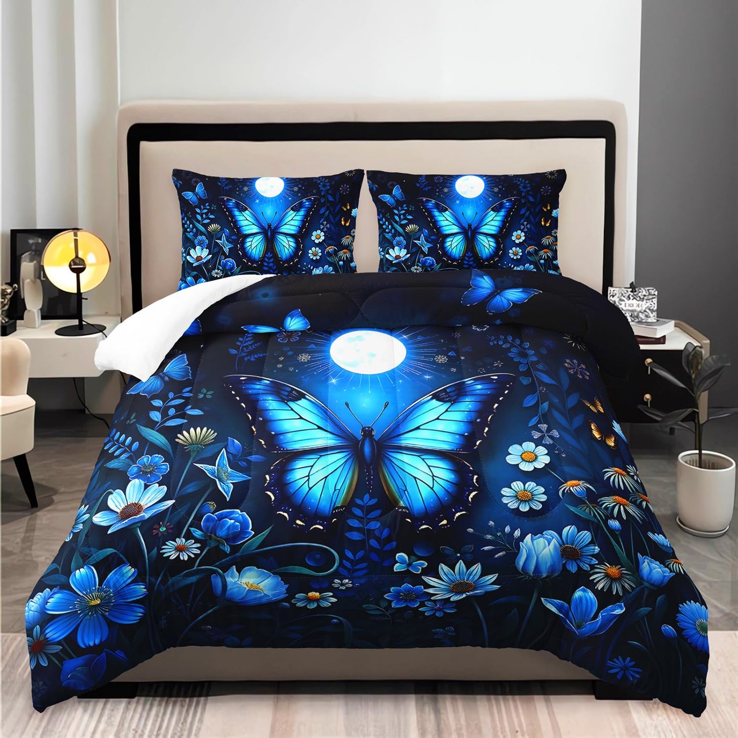 XYNHML Blue Butterfly Themed Comforter 3Pcs Twin Romantic Flower Butterflies Bedding Set for Kid Teen Girl Boy Adult Aesthetics Moonlight Floral Quilt Bed Decor with 1 Comforter and 2 Pillowcases