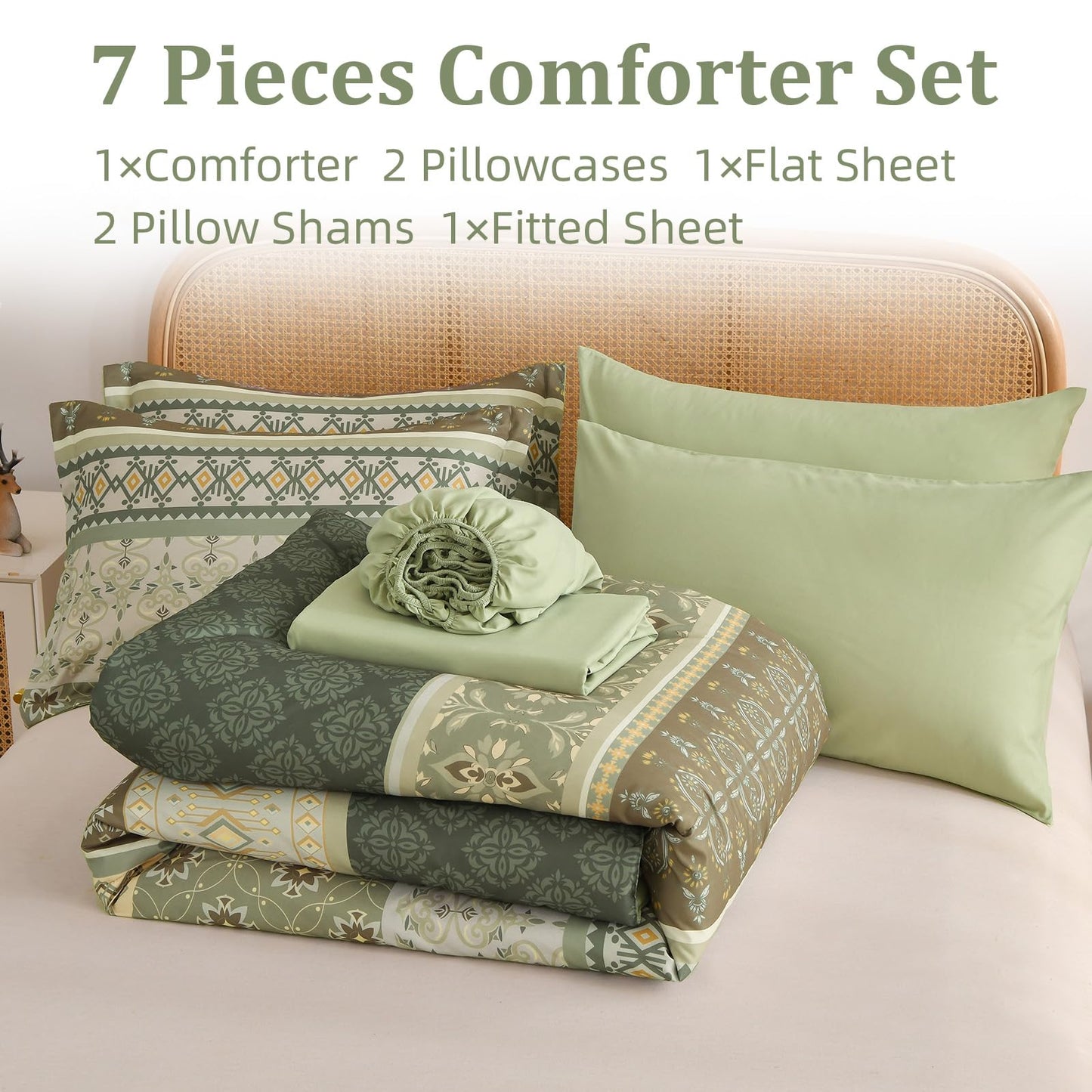 Boho Comforter Set Queen Size,7 Pieces Sage Green Bedding Set Bed in a Bag,Paisley Floral Comfortet and Sheet Set,Soft Striped Bohemian Comforter with Sheet for All Season