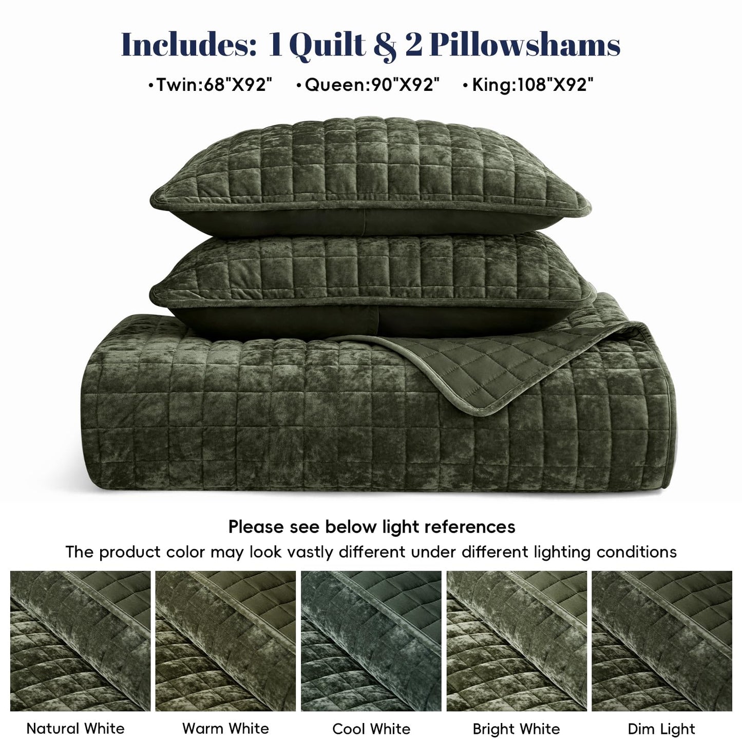 PHF Luxurious Velvet Quilt Set Queen Size – 3PCS Super Soft Quilted Comforter Alternative with Square-Box Quilt Pattern, Warm Quilted Bedspread Coverlet, 90" x 92", Smokey Olive
