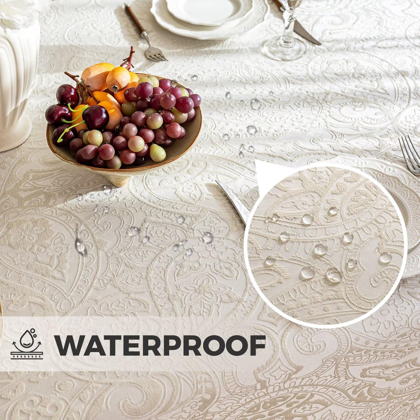 Jaysydd Jacquard Rectangle Tablecloth, Waterproof Elegant Damask Curly Floral Pattern Table Cloth, Washable Decorative Table Cover for Kitchen/Dining/Parties - Champagne, 57 x 70Inch