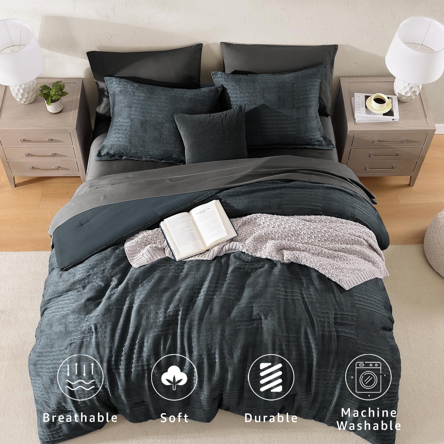 MaiRêve Queen Comforter Set Blue Grey, Textured Design Crinkle Bedding Sets 7 Pieces, All Season Bed in A Bag with Comforter, Sheets, Pillowcases & Shams