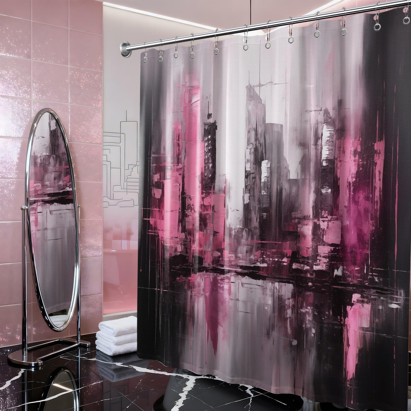 dueeia Pink and Black Shower Curtain, Hot Pink and Black, 70 x 72 inch