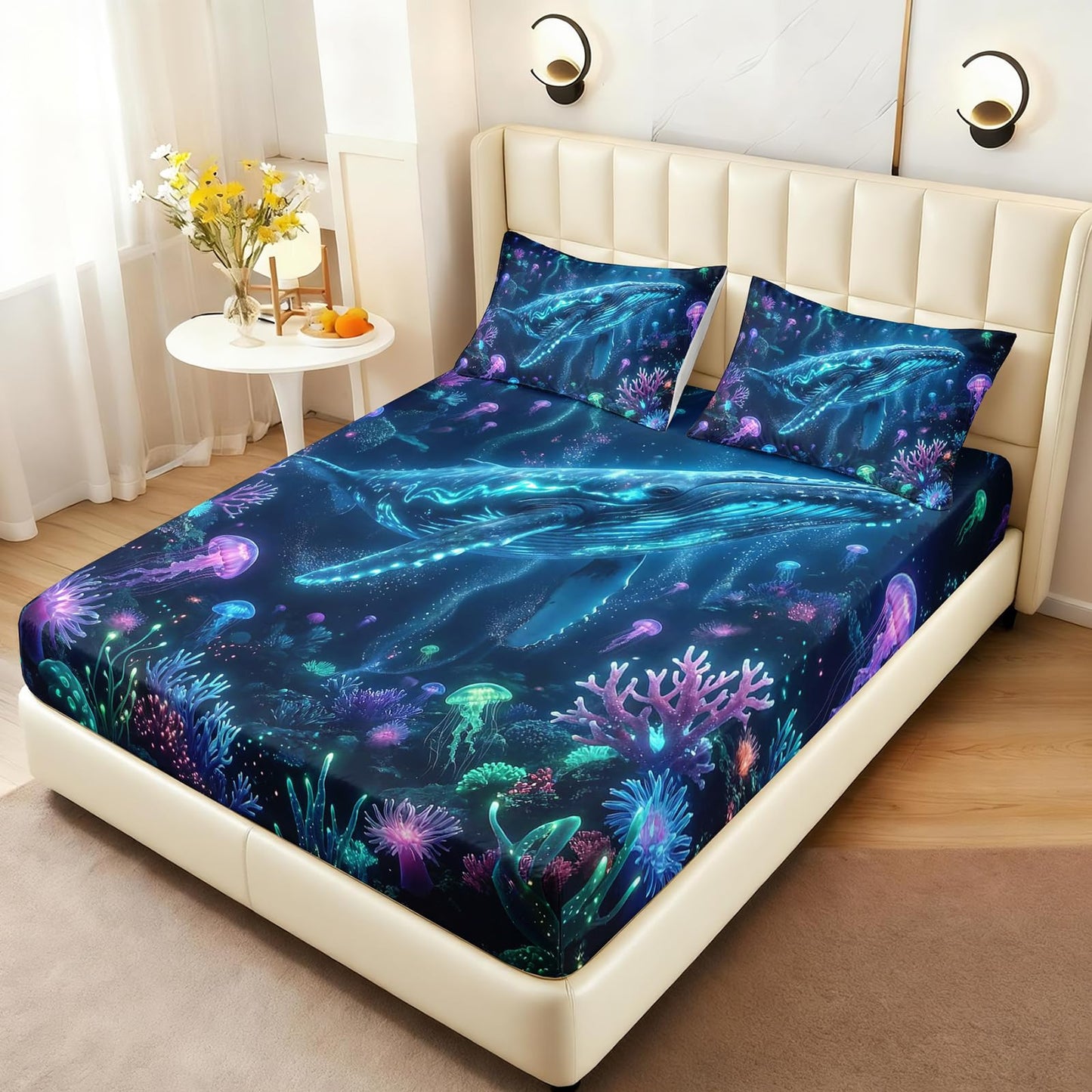 AILONEN Blue Whale Twin Fitted Sheet Set 3 Piece, Jellyfish Reef Pattern with 2 Pillowcases, 16 Inch Deep Pocket, Kids Room