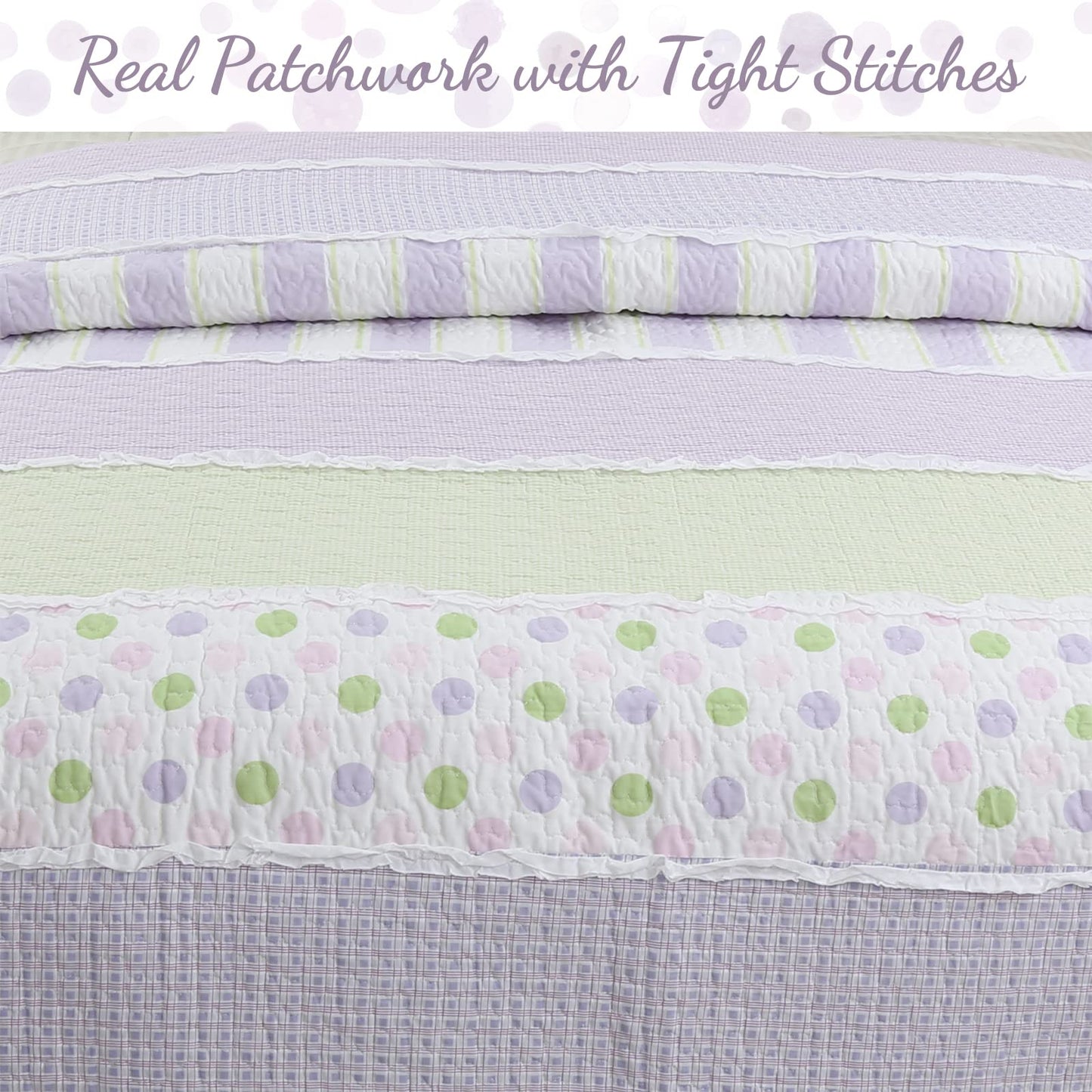 Cozy Line Home Fashions Lavender Green Stripe Dots Girl 100% Cotton Reversible Quilt Bedding Set, All-Season Coverlet Bedspread (Purple Dots, Queen - 3 Piece)