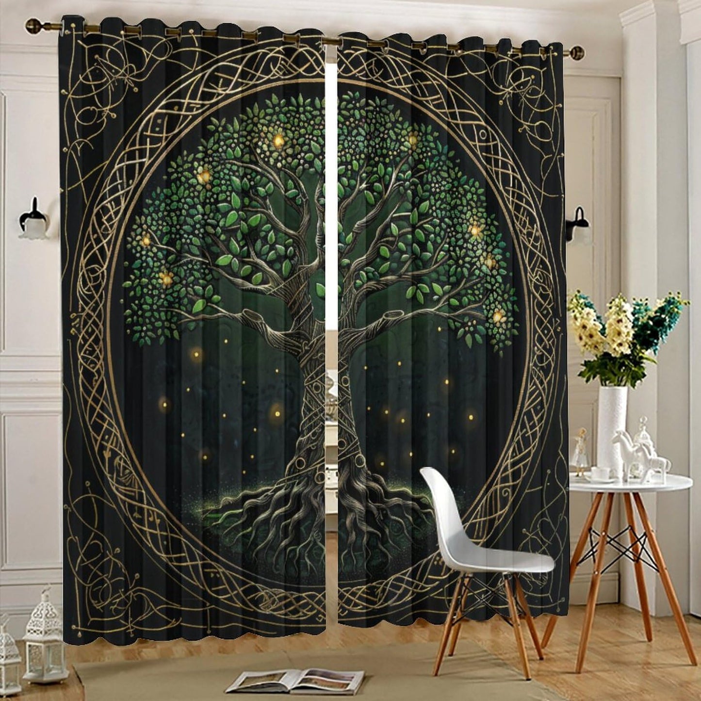 HDESDIS Abstract Tree Plant Curtains for Bedroom, Retro Rustic Floral Star Landscape Grommet Blackout Curtains Thermal Insulated Window Drapes for Living Room, 21W x 45L, 2 Panels
