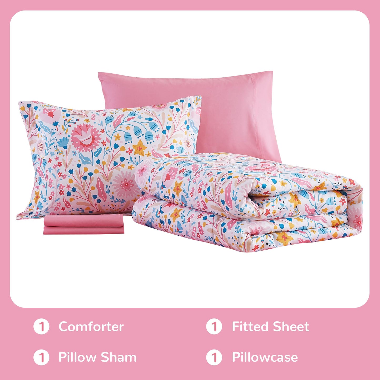Viviland Kids Twin Bedding Sets for Girls, Soft Twin Comforter Set with Sheets, 5 Pieces Microfiber Bed in a Bag, Colourful Floral