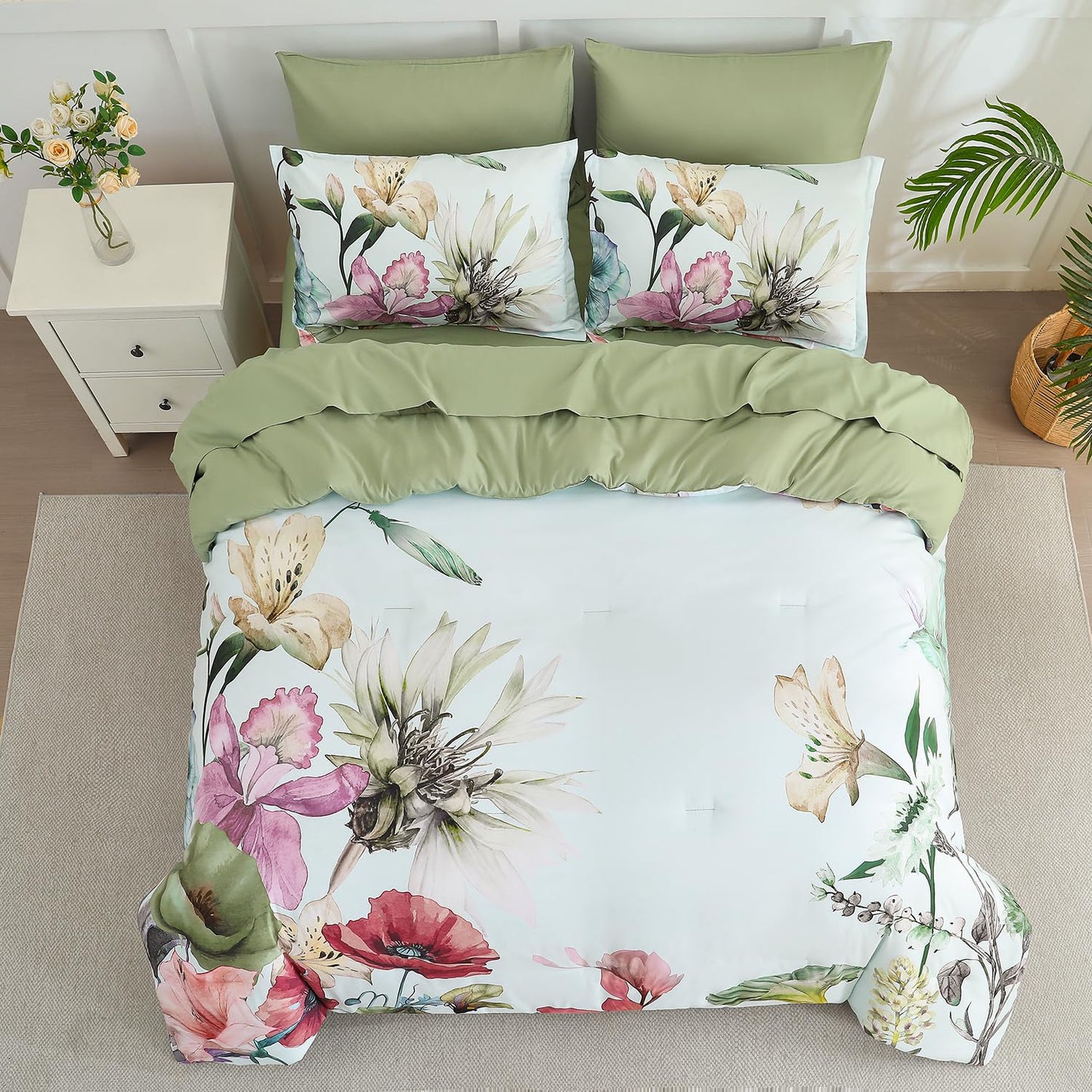 Yogeneg King Size Comforter Set 7 Piece Bed in a Bag,Elegant Floral Botanical Pattern Green Bedding Set,Soft Microfiber Comforter with Sheet Set,All Season Bed Set(Green Floral,King)
