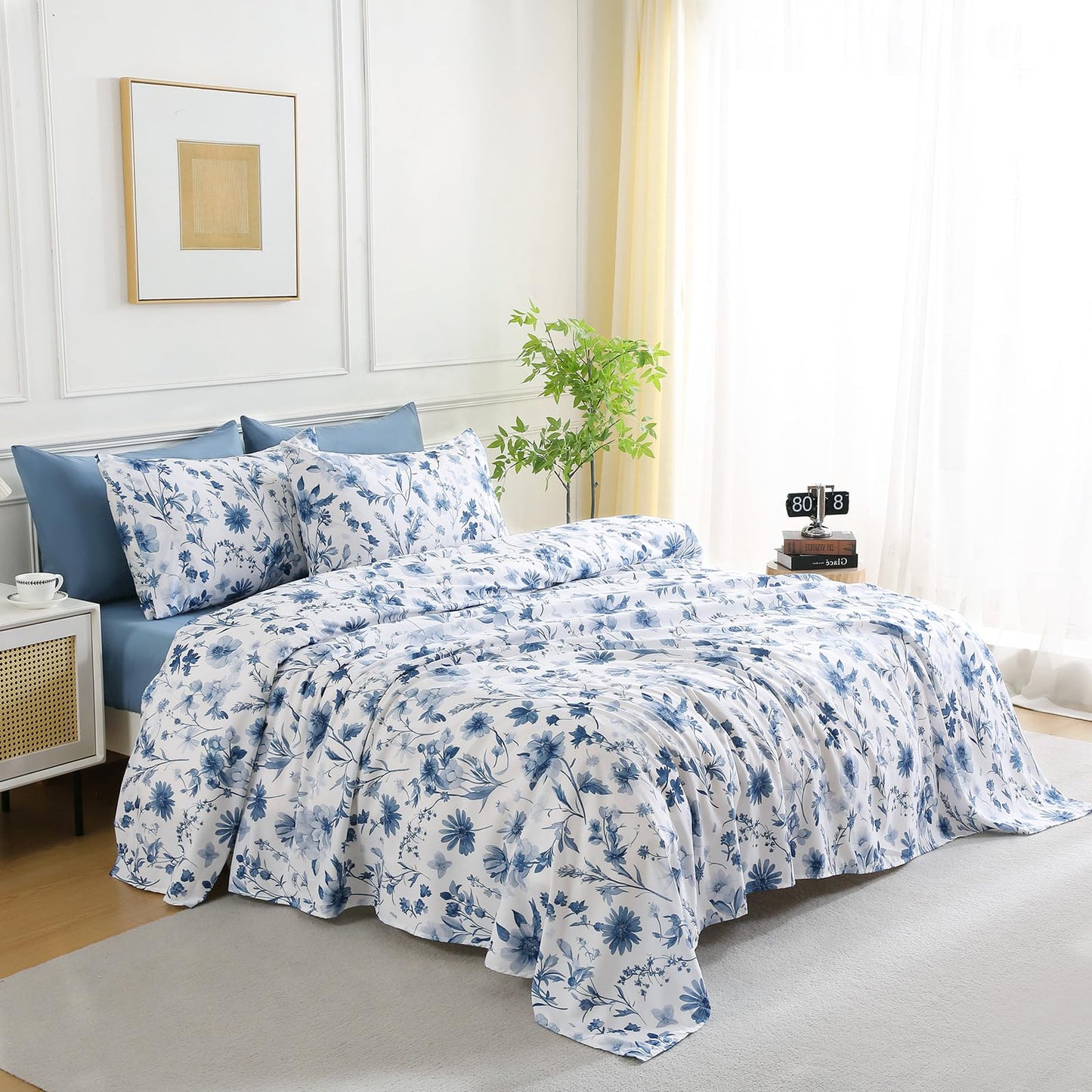 Botanical 6-Piece Queen Bed Sheets Set, Boho Floral Print Brushed Microfiber Sheets, Cooling Bed Sheet Set, Ultra Soft & Breathable, 16' Deep Pocket Fitted Sheet & Pillowcase Set, Grey Blue Floral