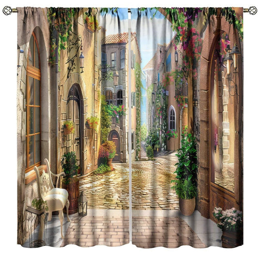 GoDazzling European Italian Curtains, Old Mediterranean Street Stone Rock House Floral Porches Pastoral Town Scenery Window Drapes, for Living Room Bedroom 41" W X 45" L (No Blackout)