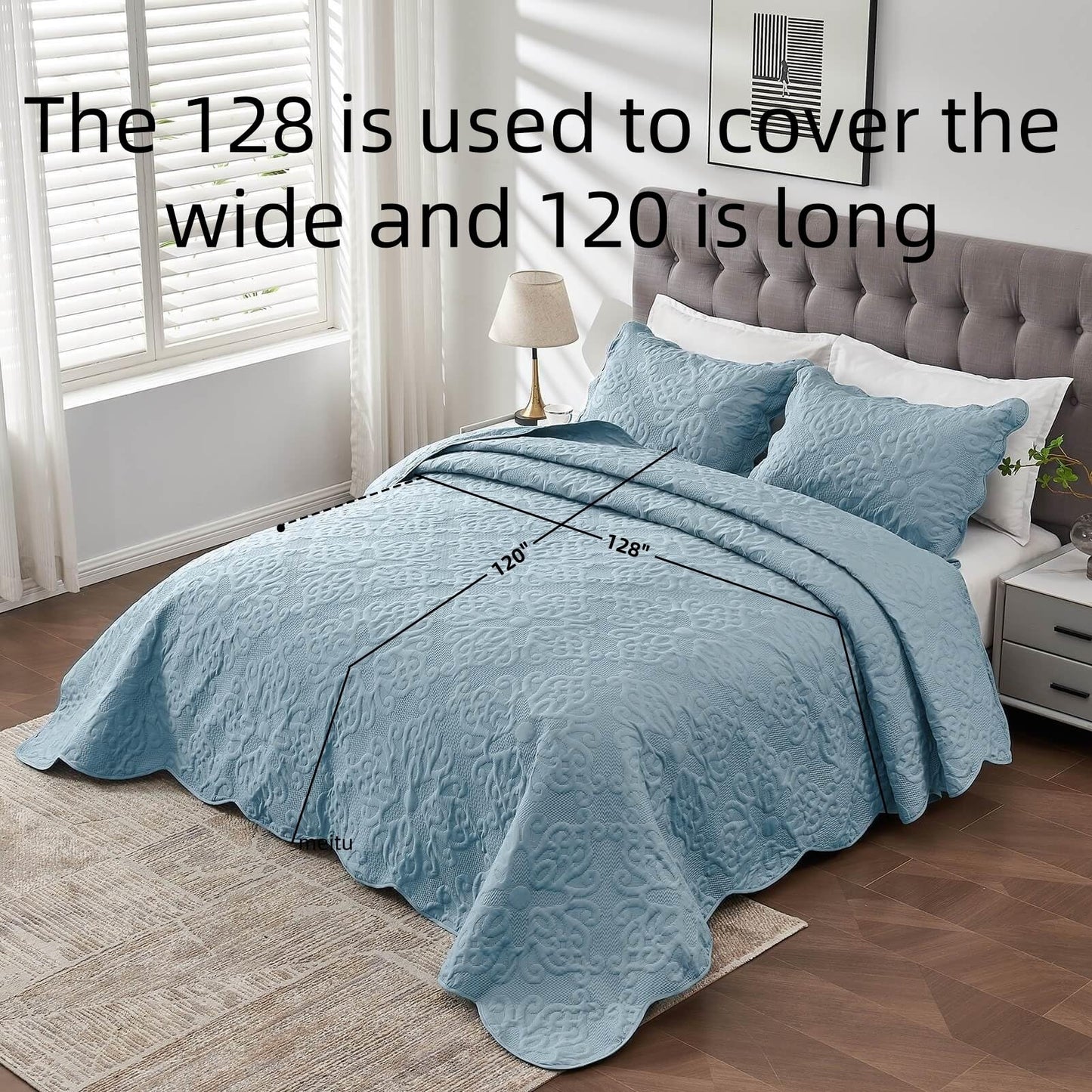 Oversized King Bedspreads 128x120 Extra Wide Quilt for Tall King California King Bed Lightweight 3 Piece Quilted Coverlet Pillow Shams Set Spa Blue