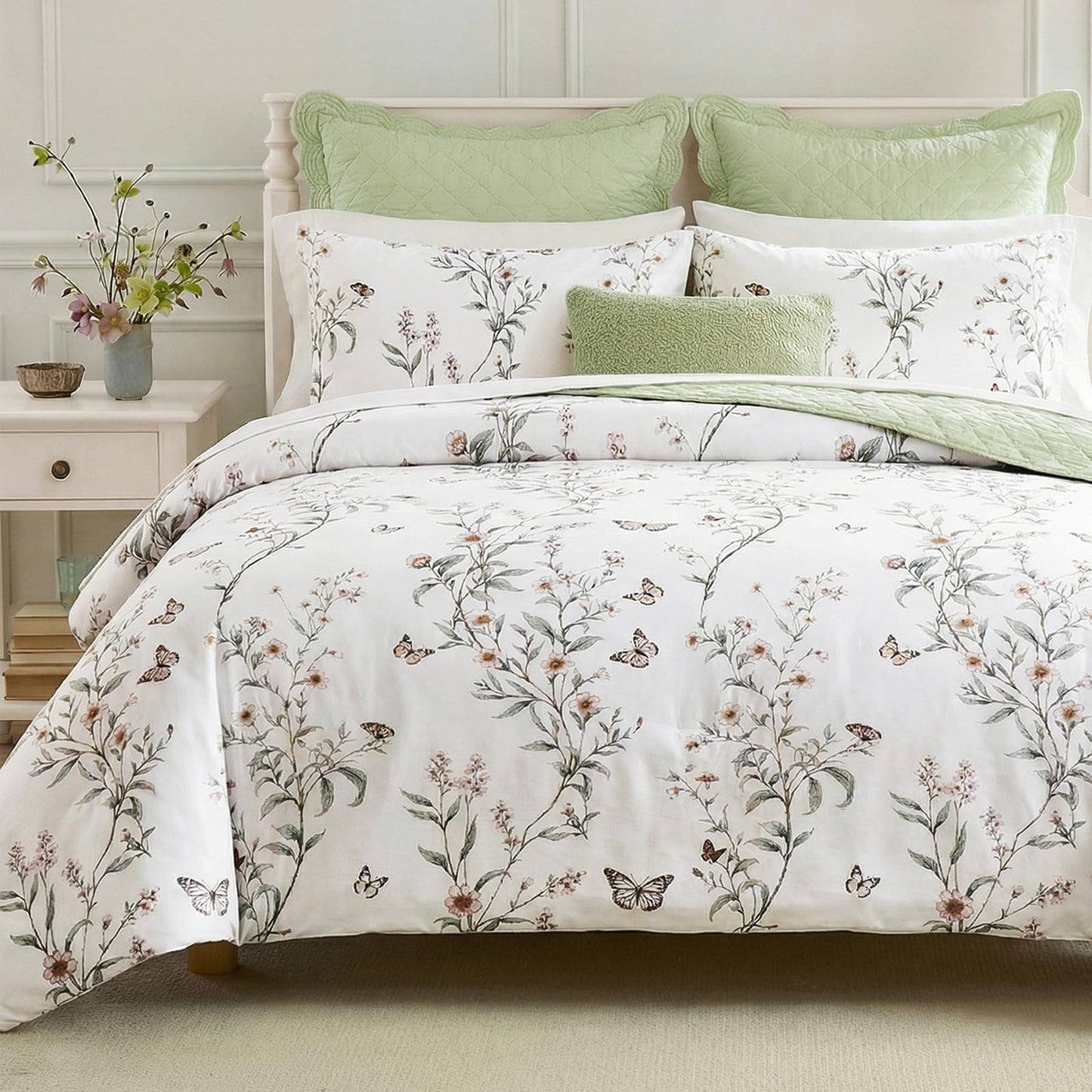 Bedorm 100% Cotton Duvet Cover Set Queen Vintage Floral Bedding Set Green Leaf Branches Flower Pattern 3 Pcs Soft Durable Duvet Cover with Zipper Closure