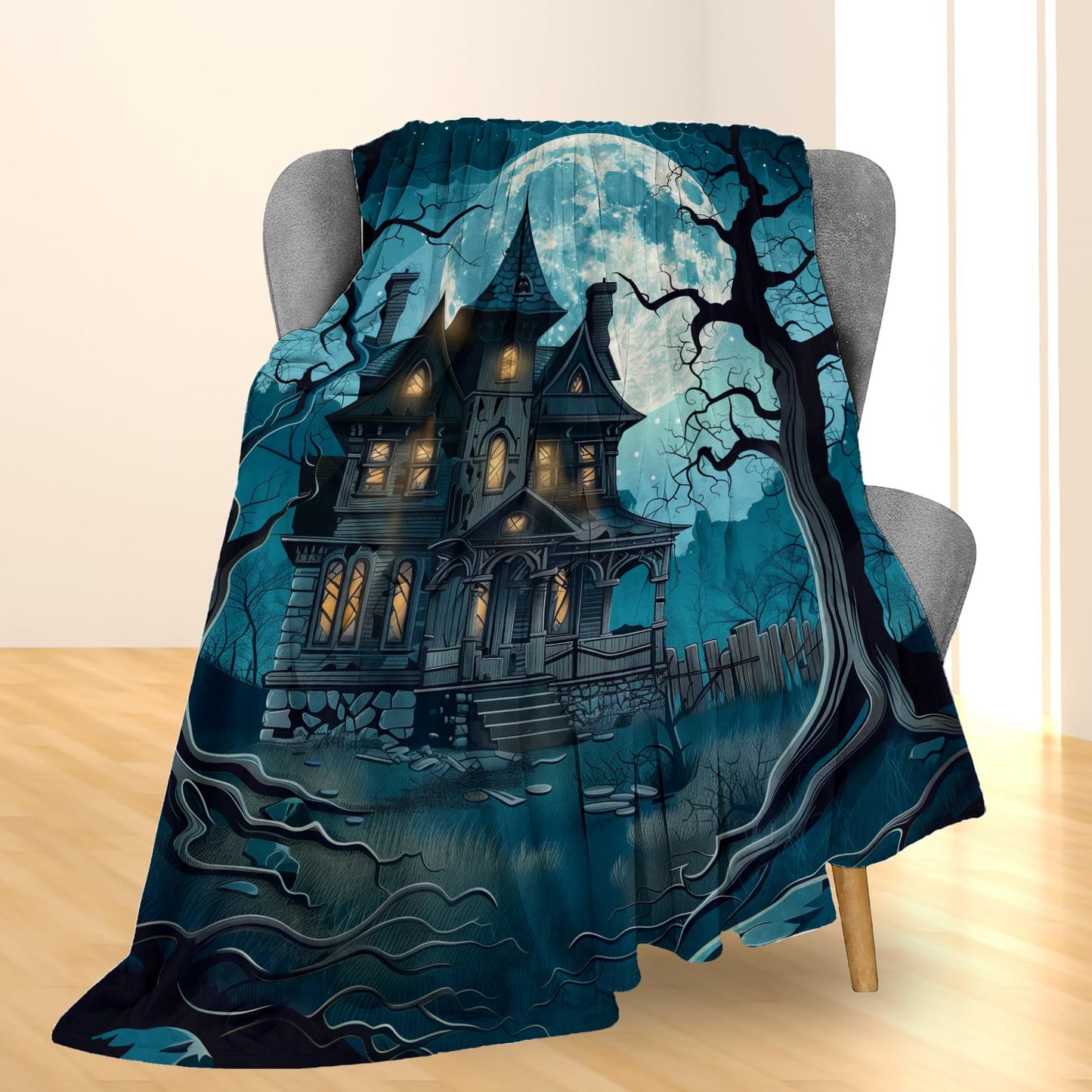 Ti Caldi Spooky Haunted House and Full Moon Blanket | Soft Warm Fuzzy Lightweight Flannel Throw Blanket for Couch, Bed, Decor, Travel & Outdoor Use, Cozy Blankets for Adults Women Men 60×50 in