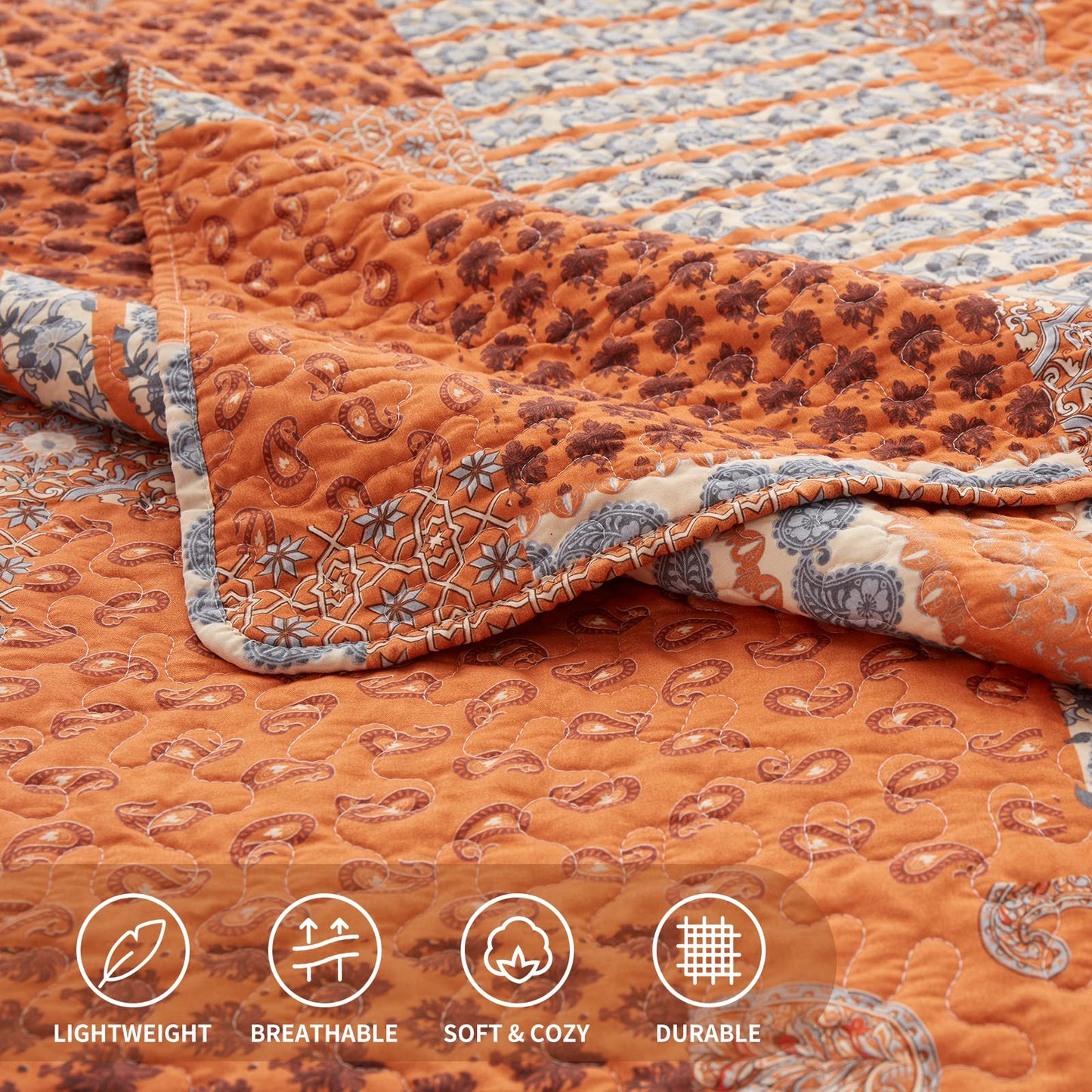 LEAONME Quilt Set King Size 3 Piece Bedspread Coverlet Lightweight Comforter Microfiber Bedding Set for All Season Oversized 98x106 Inch Bed Cover Paisley Burnt Orange/Rust (1 Quilt, 2 Pillow Shams)