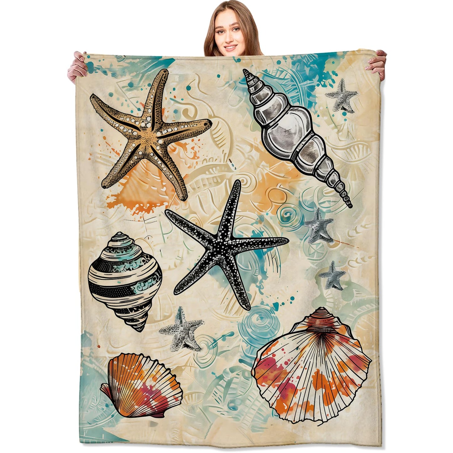 VODRM Bseashell and Starfish Blanket Coastal Beach Throw Blankets with Shells and Ocean Elements,Birthday Gifts for Kids Adult,Lightweight Soft Fleece,for Sofa Couch Bed Room Nautical Decor 50x60in