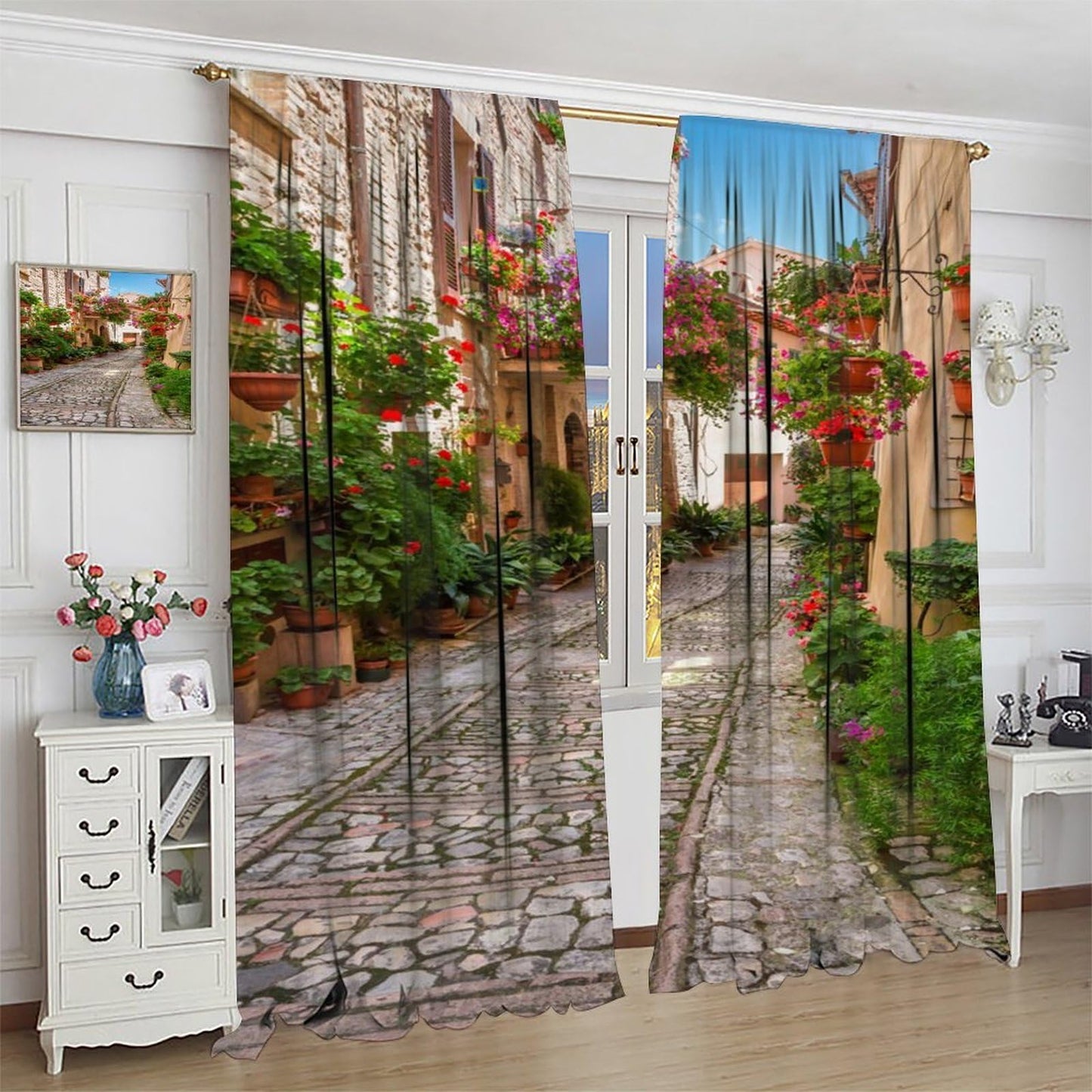 Italian Landscape Decor Curtain, Town Floral Plant Natural European Italy Street Rustic Garden Green Vine Print Rod Pocket Window Drapes, for Bedroom Living Room 42" W X 45" L
