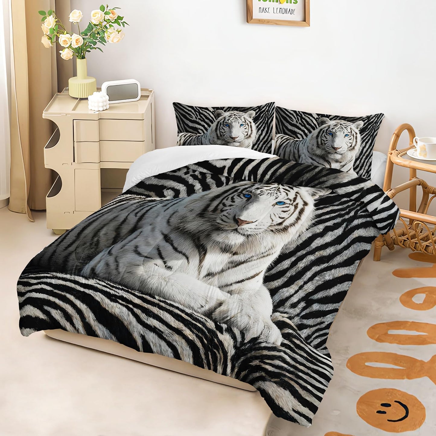 lneffble 3Pcs White Tiger Comforter Set Twin Size for Teen Boys Girls Room Decor,3D Animals Print Comforter Set,Wild Animals Theme Black White Stripe Tiger Bedding Set