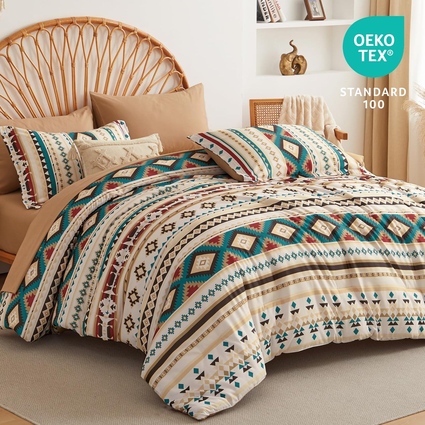 Dinjoy Queen Size Comforter Set Beige, 7 Pieces Boho Aztec Bed in a Bag Lightght Comforters Bedding Set with Sheets & Pillow Shams, Bohemian Geometric Striped Pattern All-Season