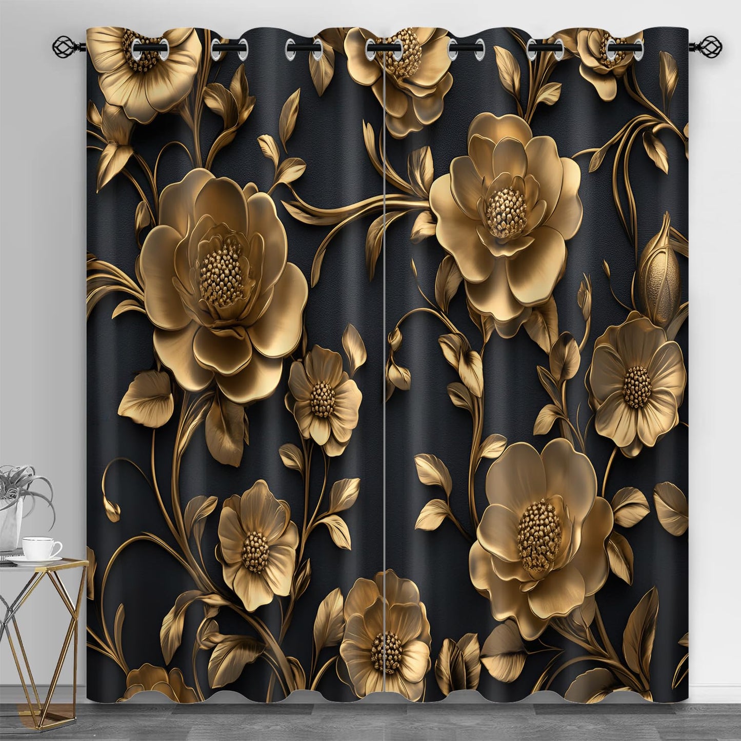 YXQAIED Gold Floral Blackout Curtains, Black Gold Flower Cutrtains for Living Room, 3D Embossed Floral Window Treatments, Kitchen Bedroom Curtain 84 Inch Long, 2 Panels