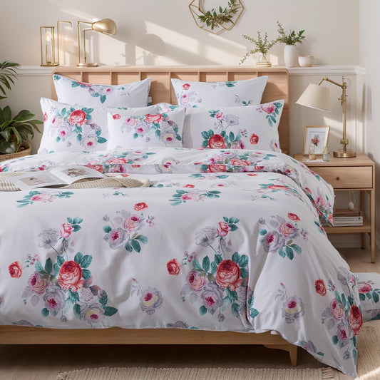 FADFAY Red Vintage Peony Floral Duvet Cover Set King/Cal King Size Premium 100% Brushed Cotton Shabby Purple Rose Pattern Bedding Zipper Bed Cover with 2 Pillowcases Luxury Breathable Soft 3pcs