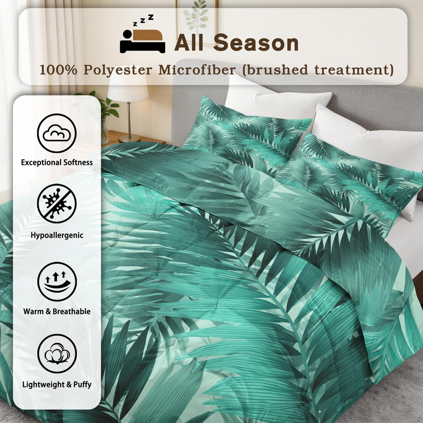 Palm Leaf Comforter Set King Size 3Pc, Tropical Forest Botanical Pattern Down Alternative Bed Comforter, 2 Pillow Shams, Soft All Season Bedding, Palm Leaf Bedroom Decor AF4308