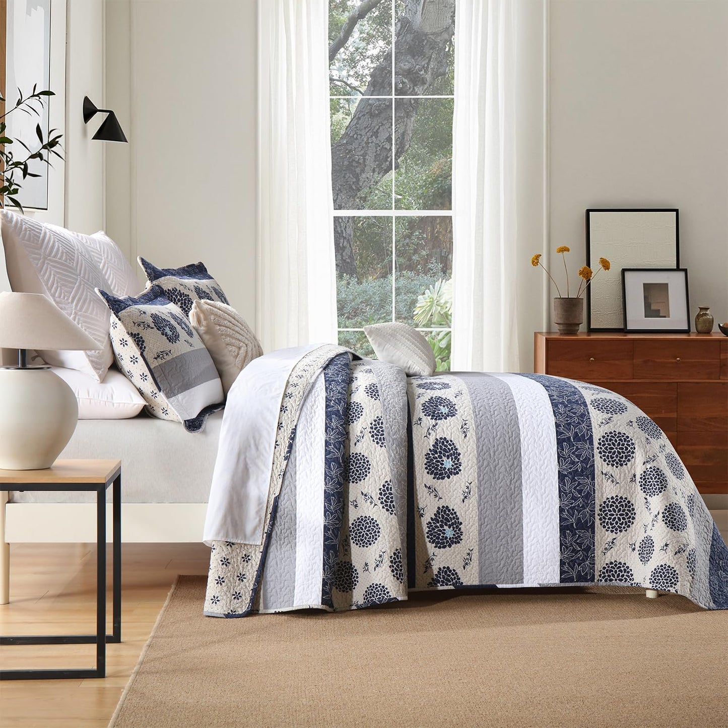 Homzard Quilt Queen Size - Queen Comforter Set,Navy Blue Beige Grey All Cotton Quilted Bedspread Set,Striped Floral Pattern Quilt,Lightweight Paisley 3 Piece Bedding,All Seasons