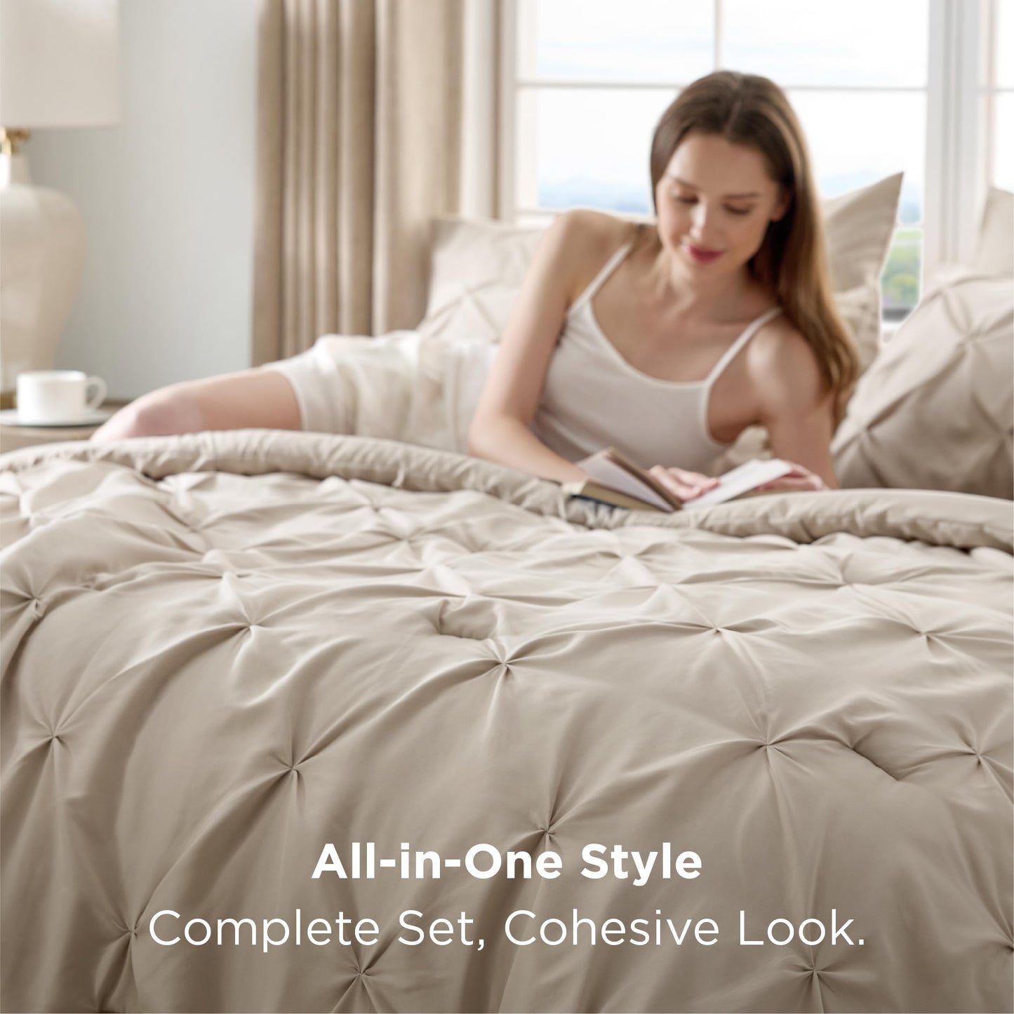 Bedsure Queen Comforter Set Beige - Bed in a Bag Queen Size Bedding 7 Pieces, GentleSoft™ Pintuck Bed Set Gift for Family, All Season Down Alternative Comforter with Sheets, Pillowcases & Shams