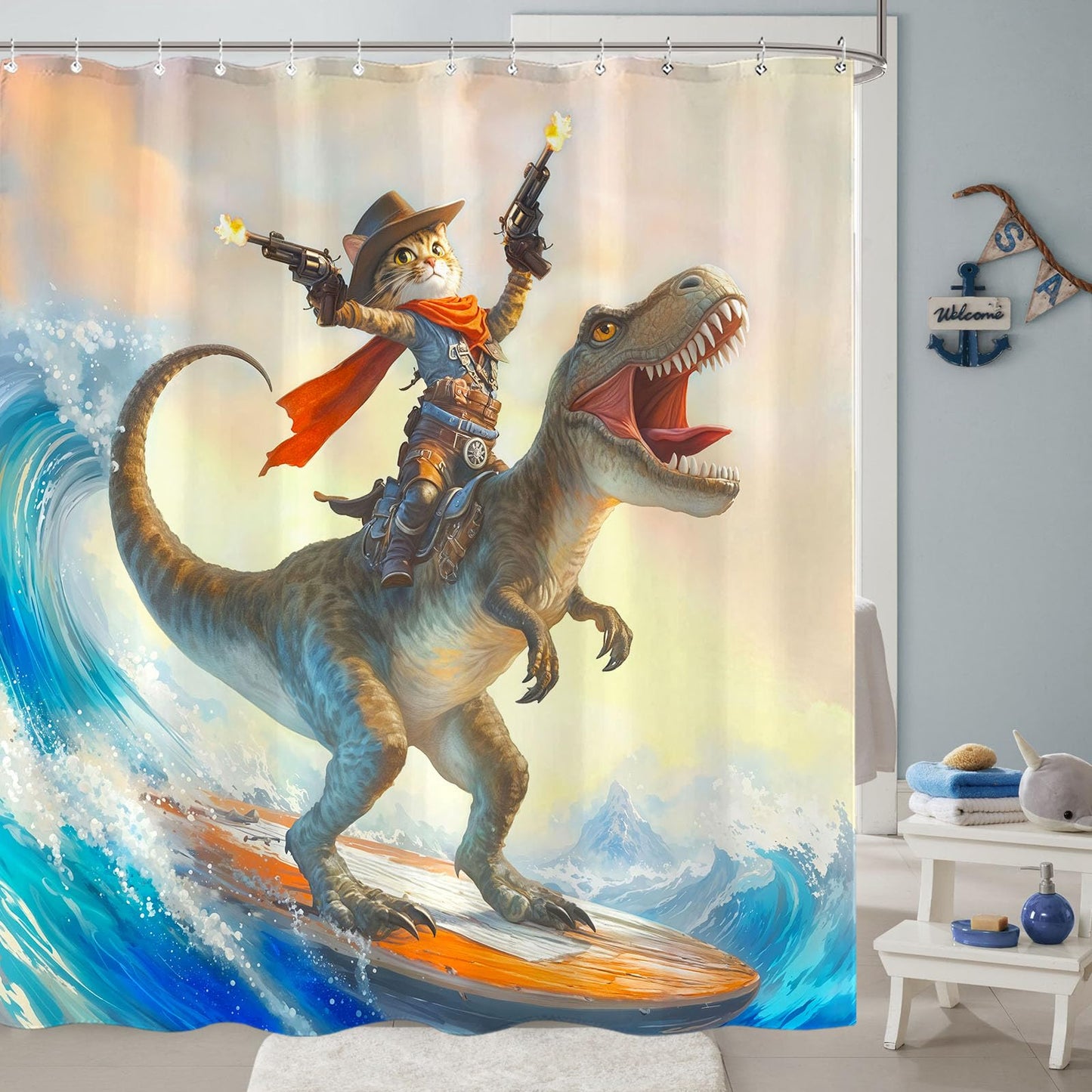 Yeoiat Cowboy Cat Shower Curtain Funny Shower Curtain Dinosaur Shower Curtains for Bathroom Fun Shower Curtain Set with 12 Hooks Dinosaur03 72×72 Inches